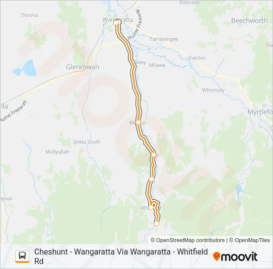 CHESHUNT - WANGARATTA VIA WANGARATTA - WHITFIELD RD Bus Line Map