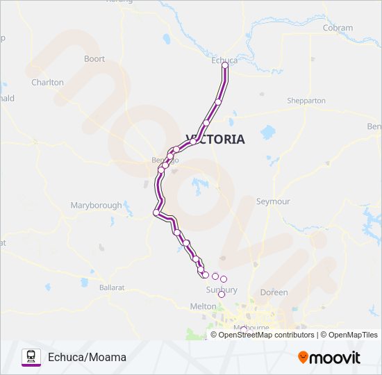 ECHUCA-MOAMA - MELBOURNE VIA BENDIGO OR HEATHCOTE Train Line Map