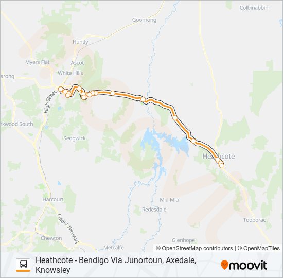 HEATHCOTE - BENDIGO VIA JUNORTOUN, AXEDALE, KNOWSLEY bus Line Map