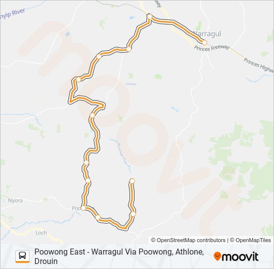 POOWONG EAST - WARRAGUL VIA POOWONG, ATHLONE, DROUIN bus Line Map