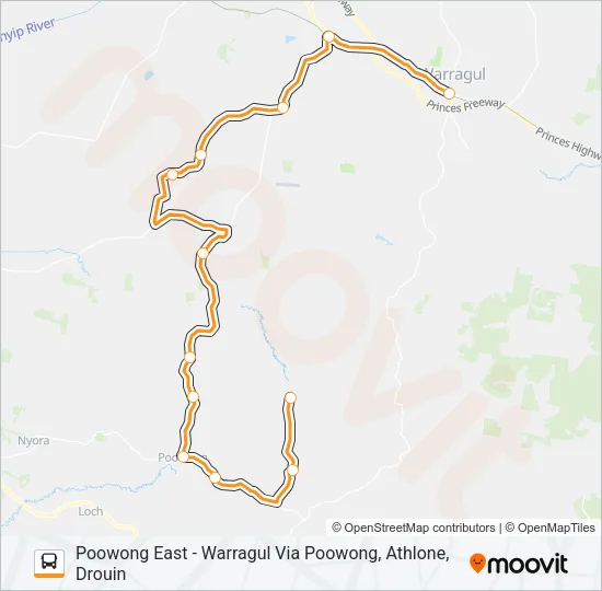 POOWONG EAST - WARRAGUL VIA POOWONG, ATHLONE, DROUIN Bus Line Map