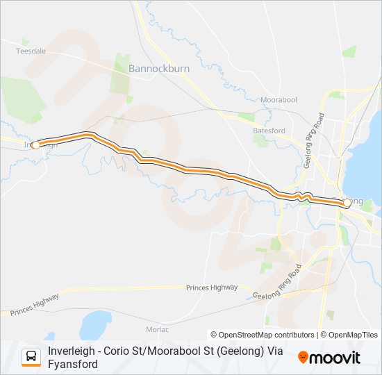 INVERLEIGH - CORIO ST/MOORABOOL ST (GEELONG) VIA FYANSFORD bus Line Map