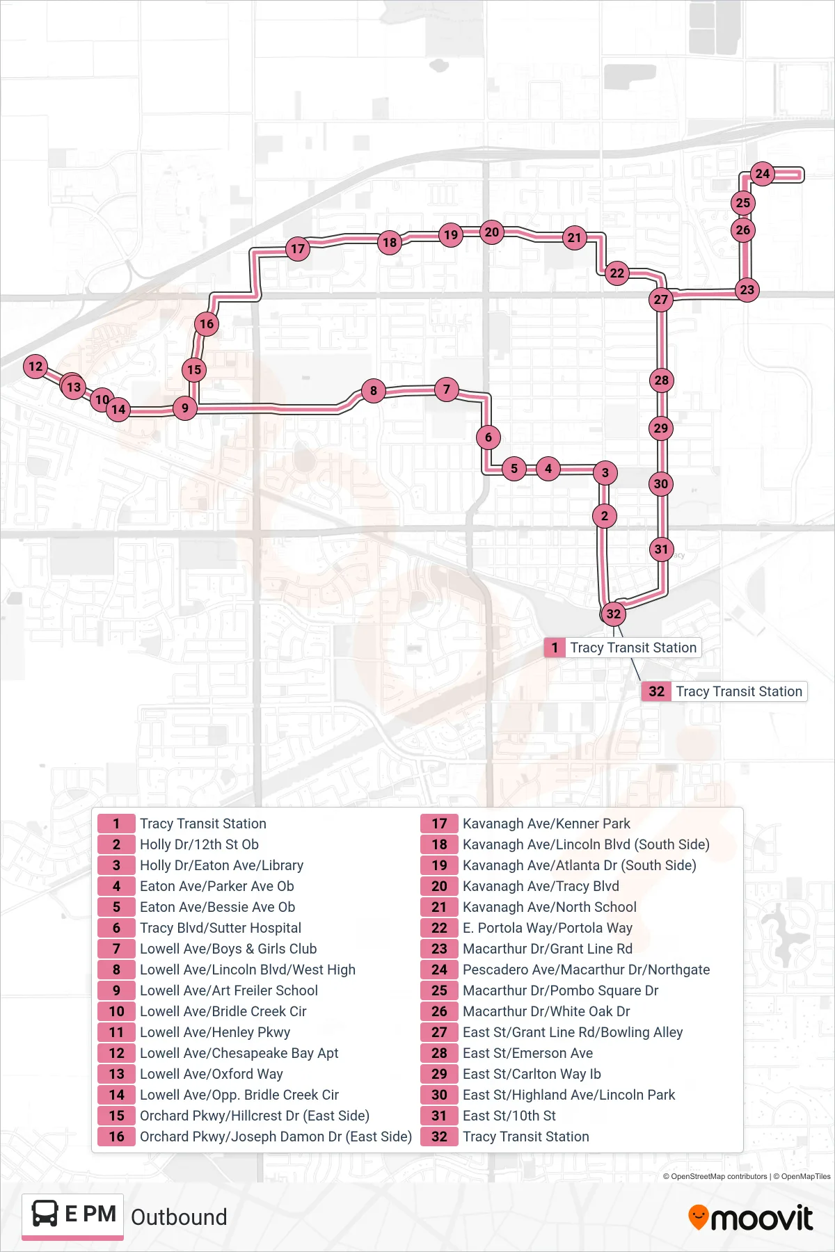 E PM bus Line (Outbound) route and stops on a map