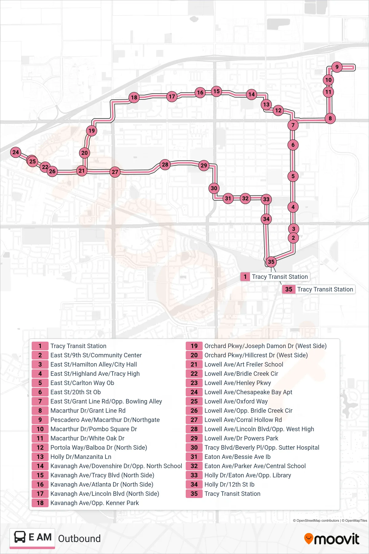 E AM bus Line (Outbound) route and stops on a map