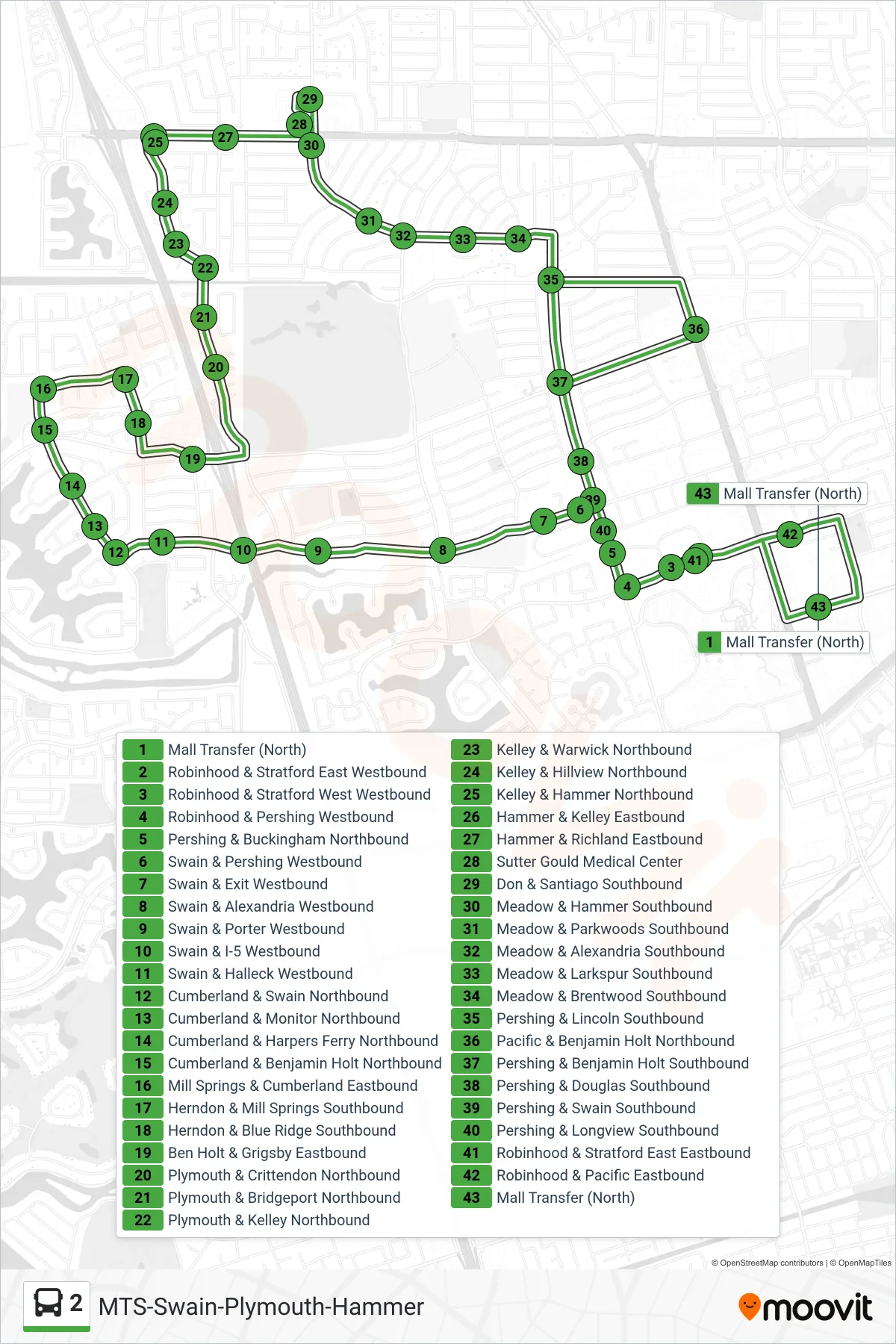 2 bus Line (Swain-Ben Holt-Plymouth-Hammer-Meadow-Lincoln Ctr) route and stops on a map