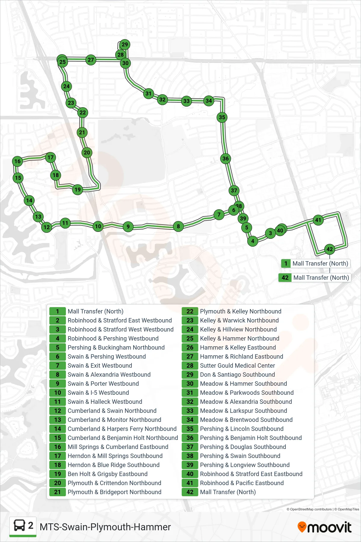 2 bus Line (Swain-Ben Holt-Plymouth-Hammer-Meadow) route and stops on a map