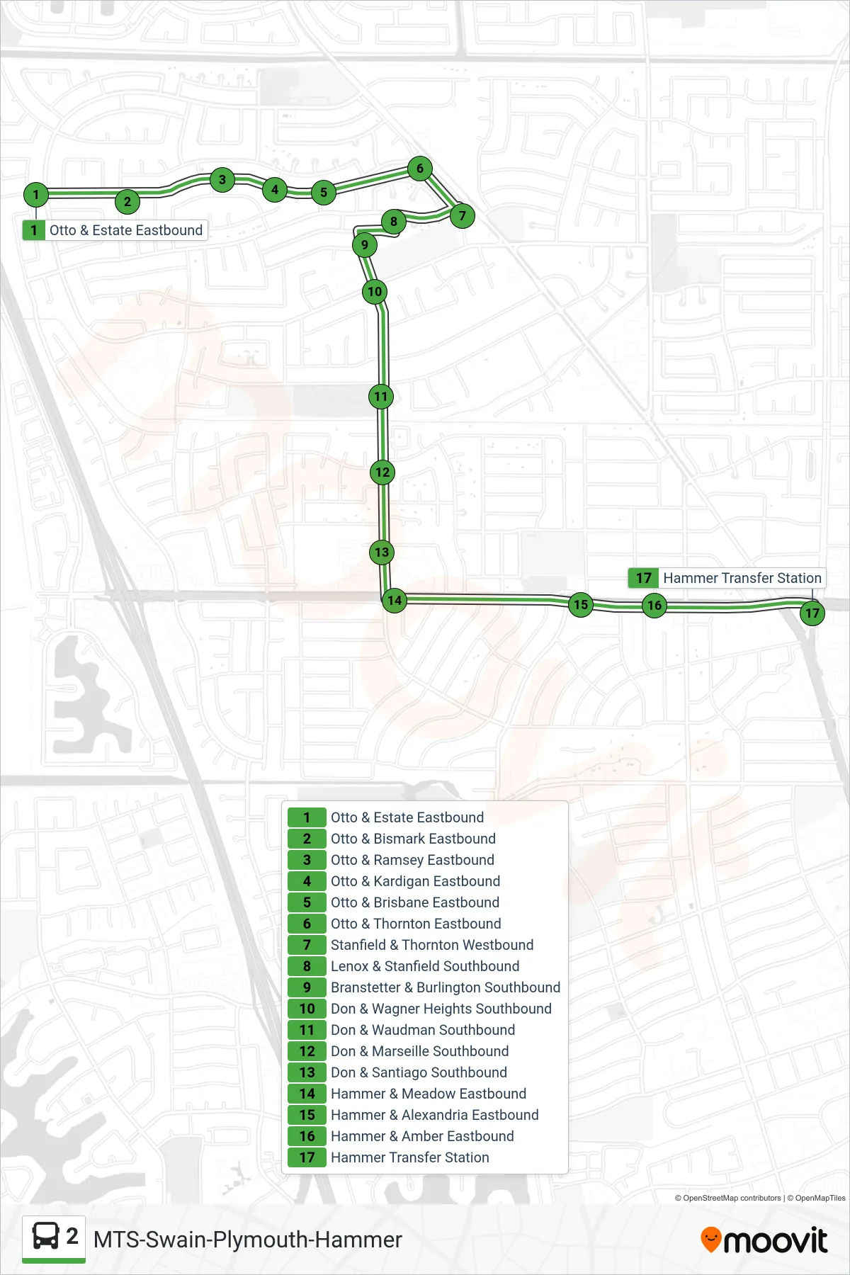 2 bus Line (Otto-Don-Hammer) route and stops on a map