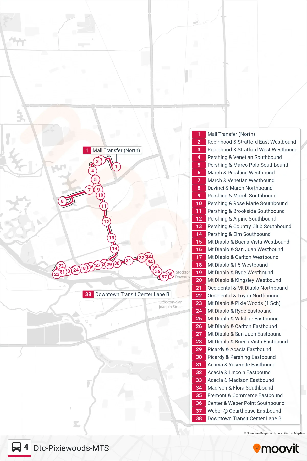 4 bus Line (Pershing-Pixie Woods-Fremont-Downtown Transit Center) route and stops on a map