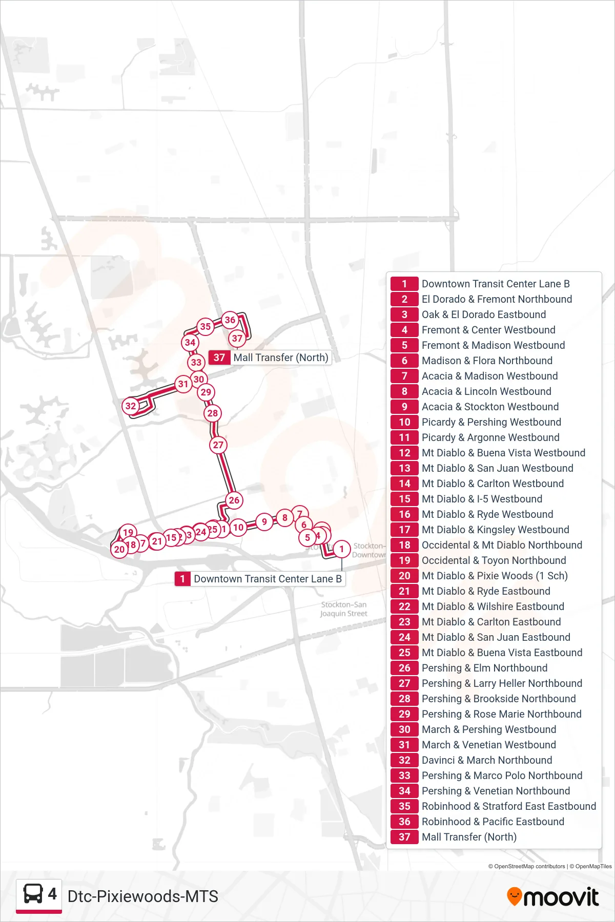 4 bus Line (Fremont-Pixie Woods-Pershing-Mall Transfer Station) route and stops on a map