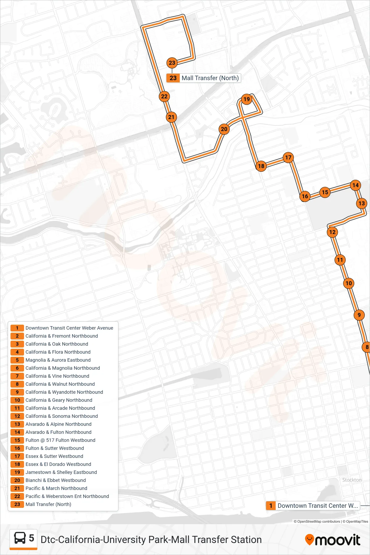 5 bus Line (Dtc-California-University Park-Mall Transfer Station) route and stops on a map