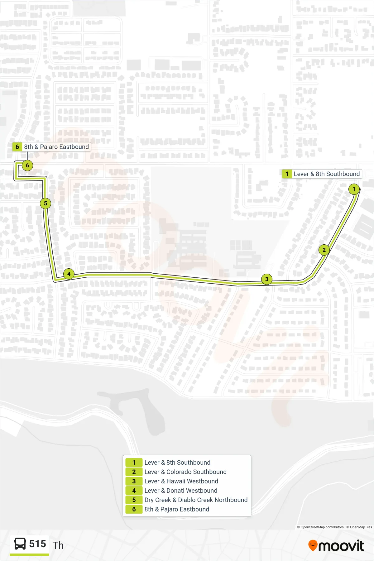 515 bus Line (Th) route and stops on a map