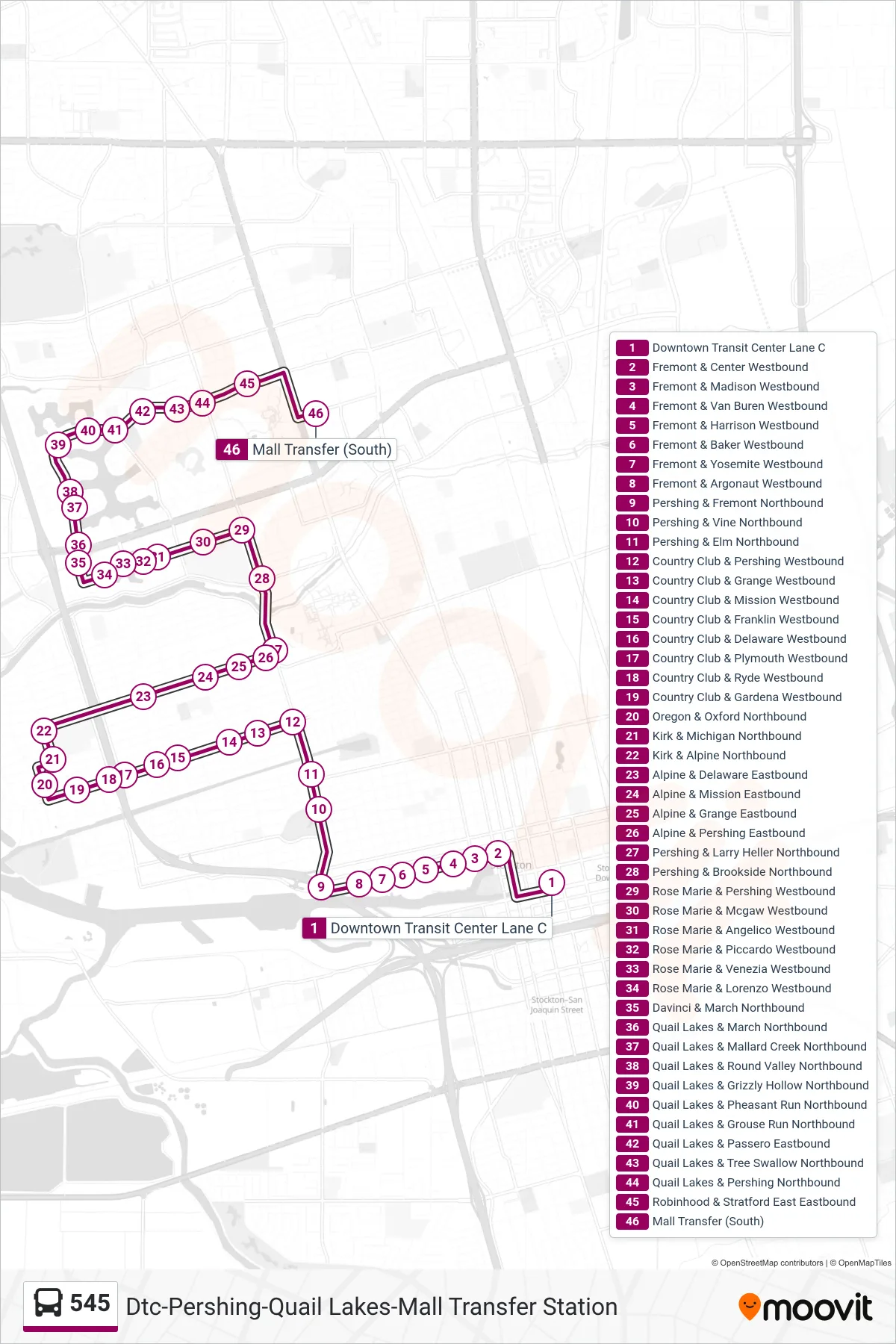 545 bus Line (Dtc-Pershing-Quail Lakes-Mall Transfer Station) route and stops on a map