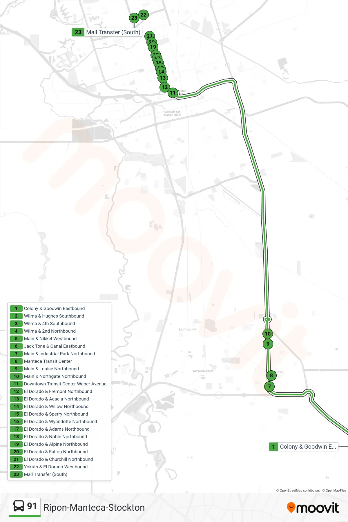 91 bus Line (Ripon-Manteca-Stockton) route and stops on a map