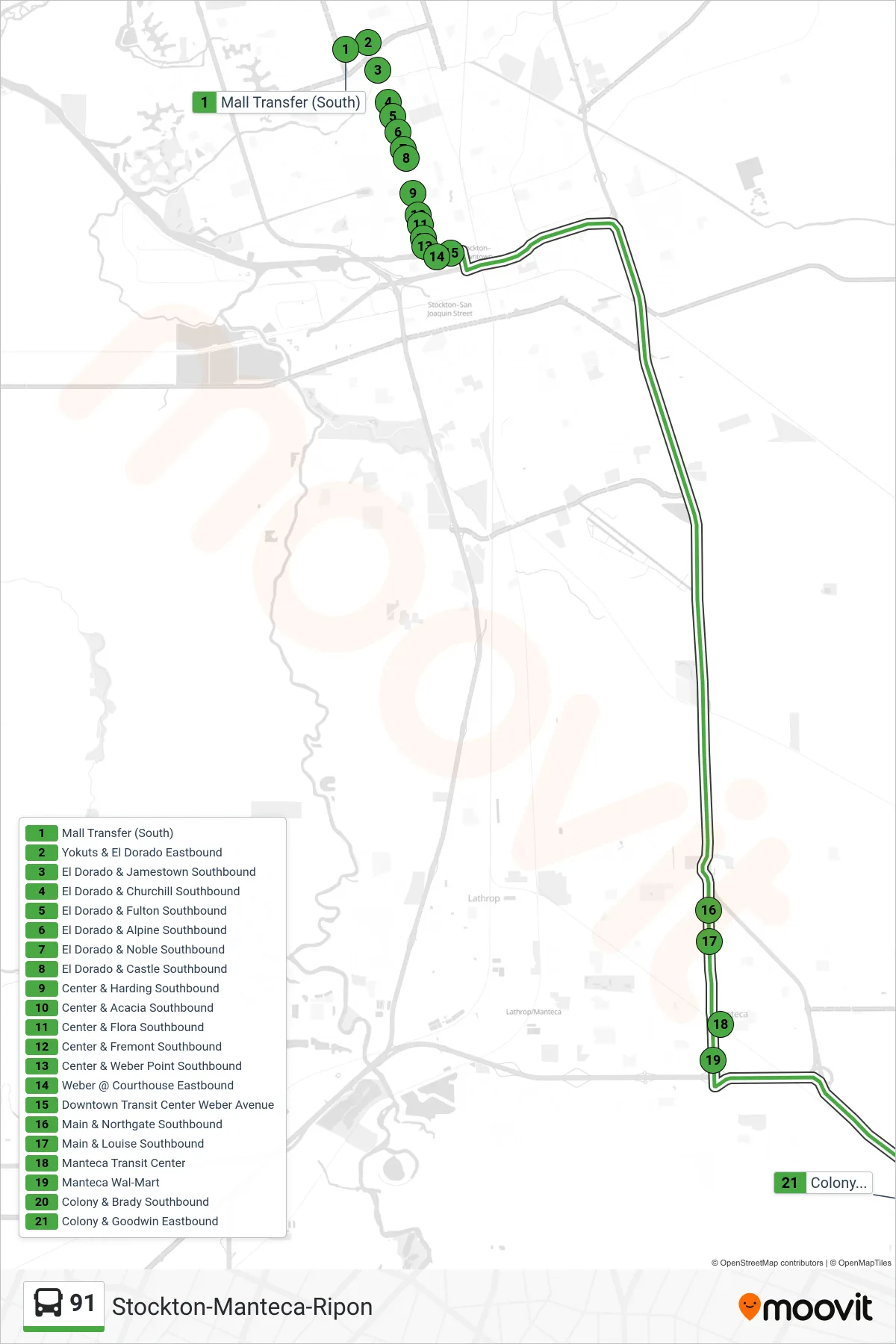91 bus Line (Stockton-Manteca-Ripon) route and stops on a map