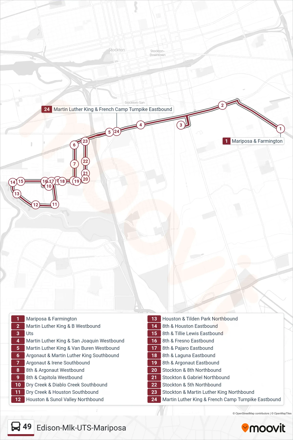 49 bus Line (Uts-Mlk Boulevard-Houston-Edison High School) route and stops on a map