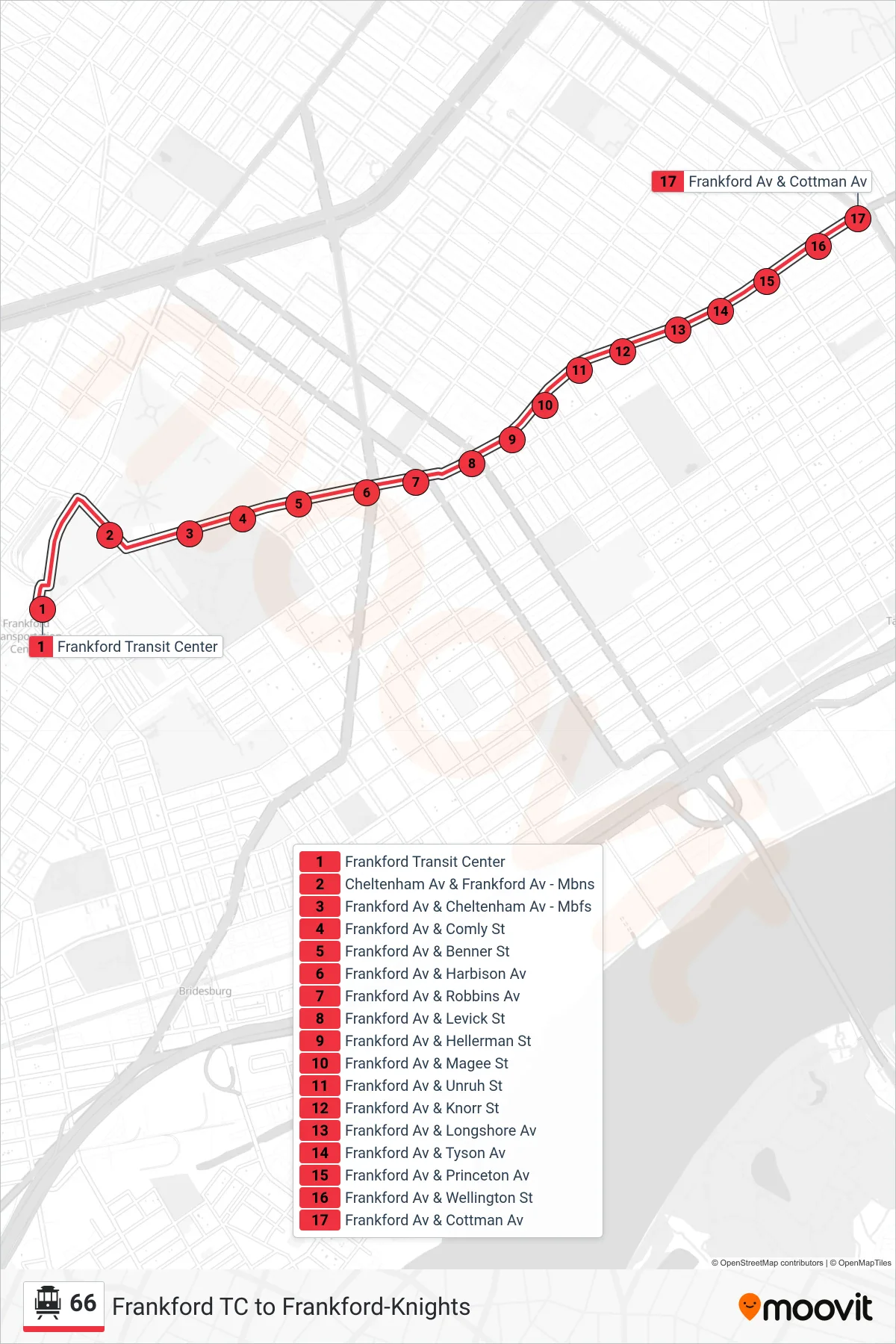 66 cable car Line (Frankford-Cottman) route and stops on a map