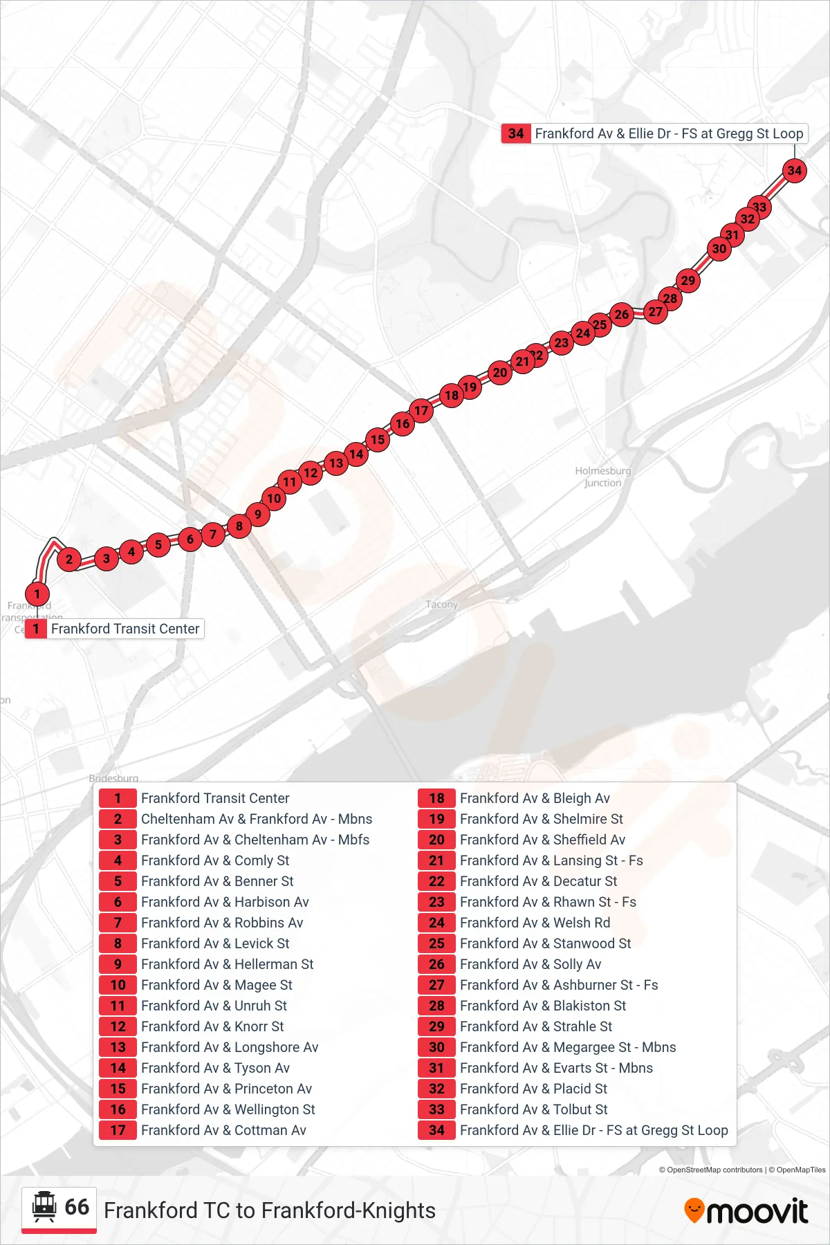 66 cable car Line (Frankford-Gregg) route and stops on a map