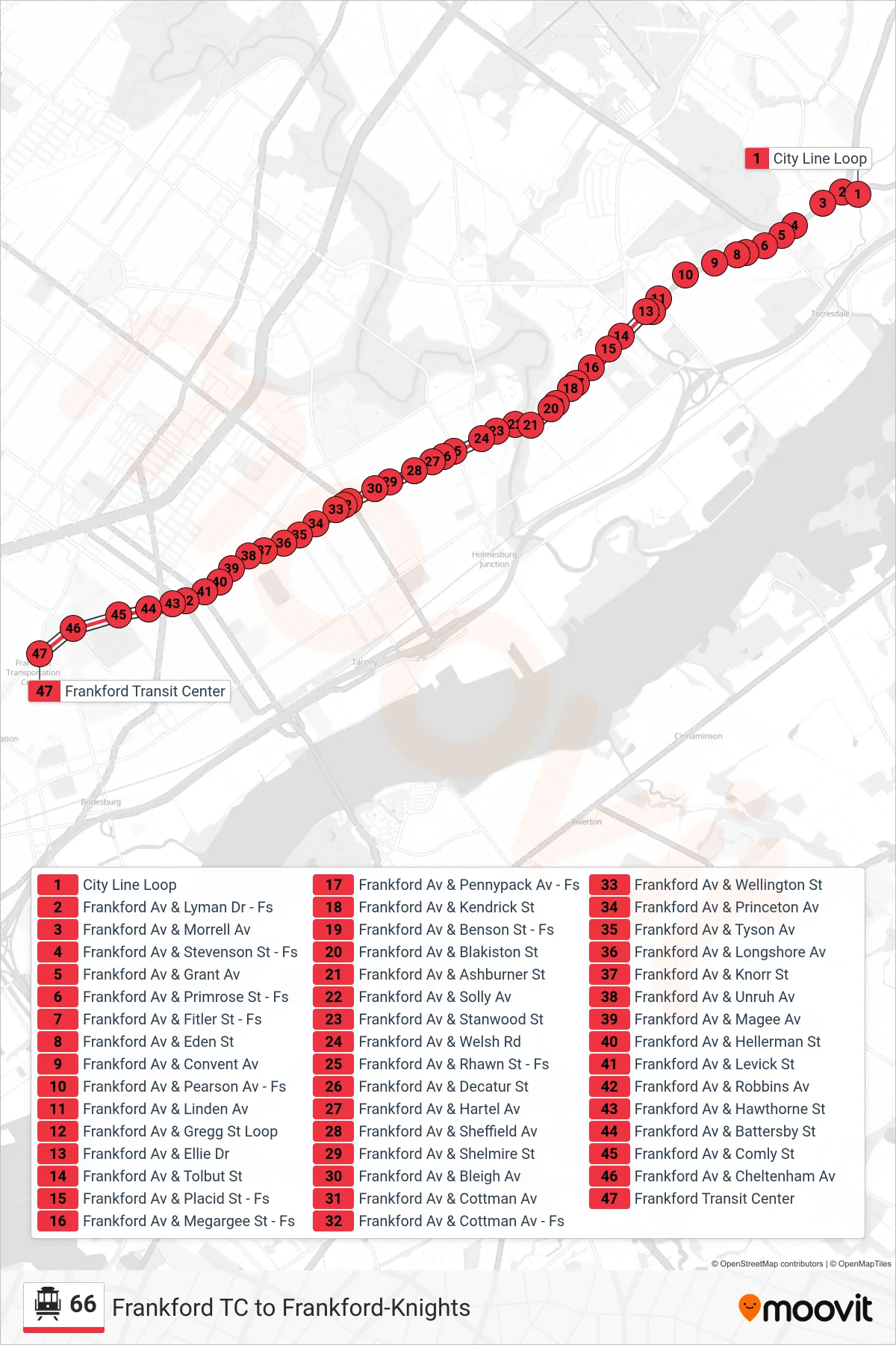 66 cable car Line (Frankford Transit Center) route and stops on a map