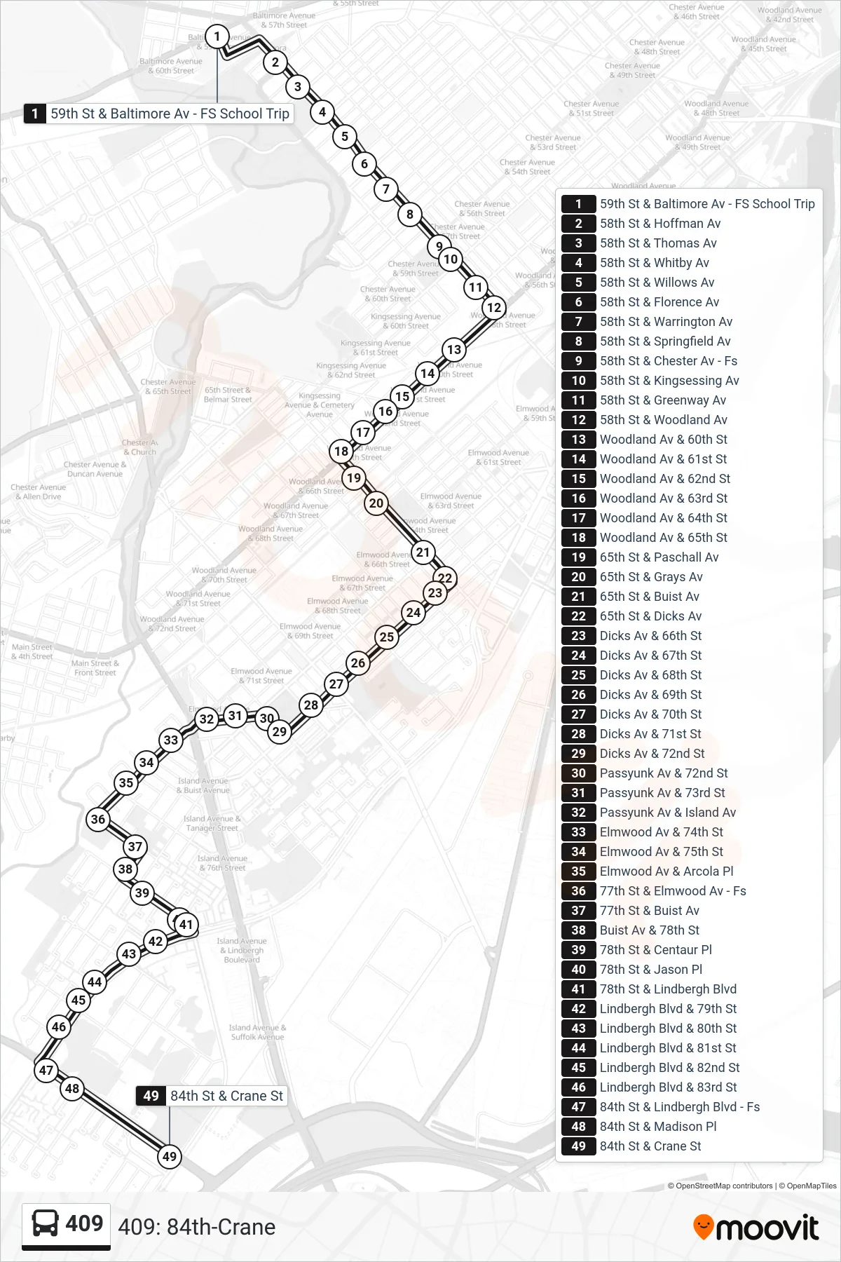 409 bus Line (409: 84th-Crane) route and stops on a map