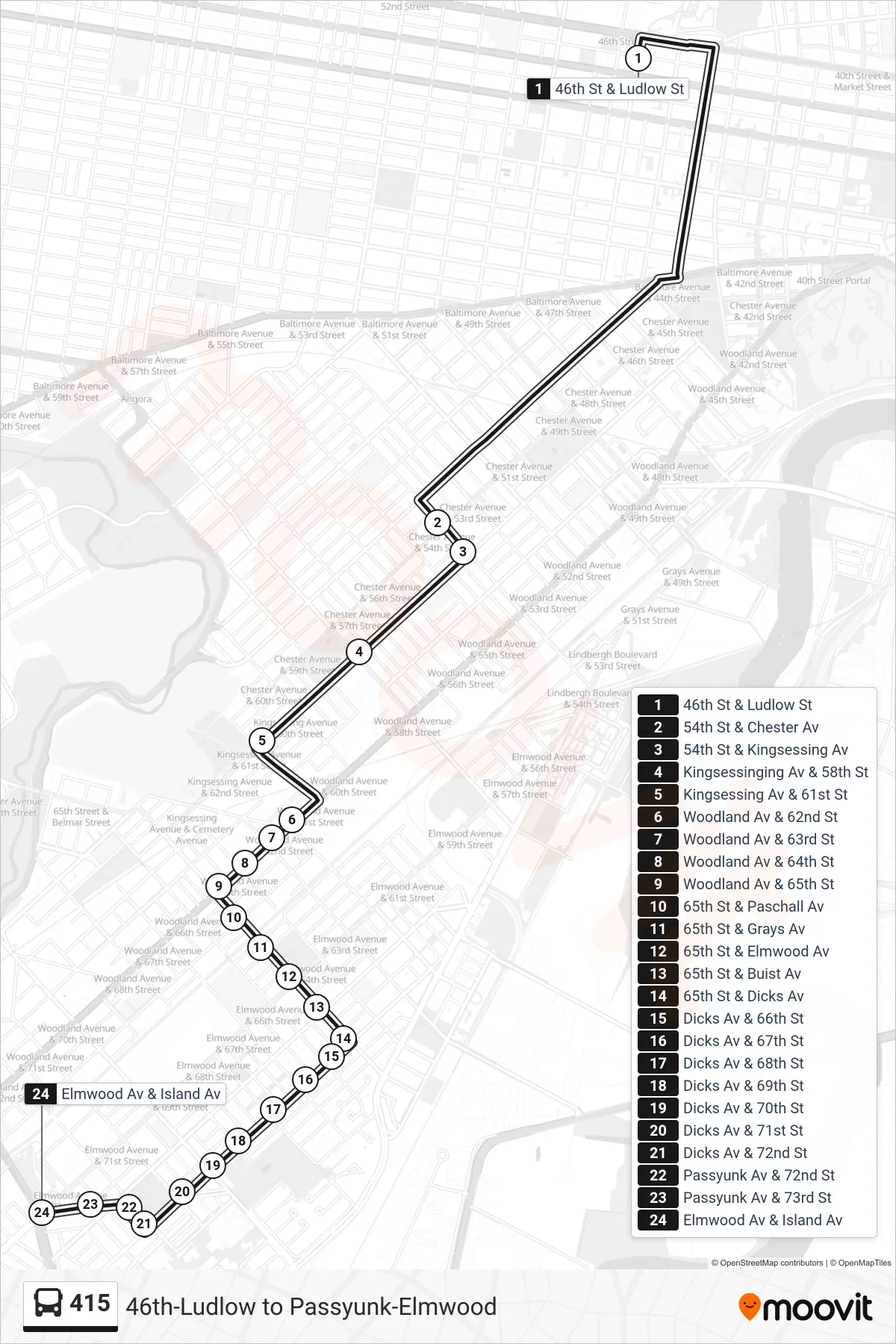 415 bus Line (415: Passyunk-Island) route and stops on a map
