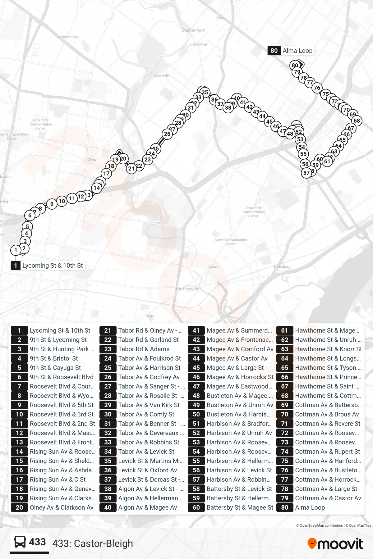 433 bus Line (433: Castor-Bleigh) route and stops on a map