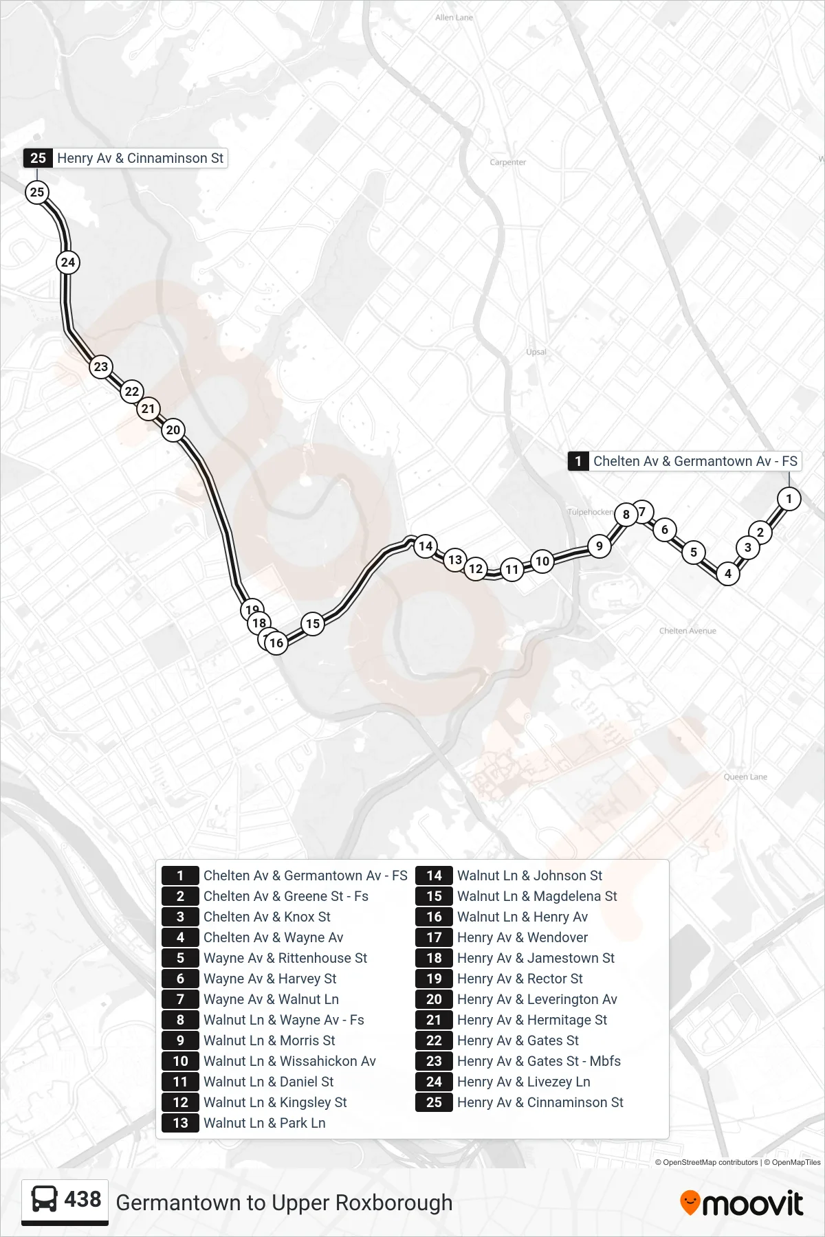 438 bus Line (438: Henry-Cinnaminson) route and stops on a map