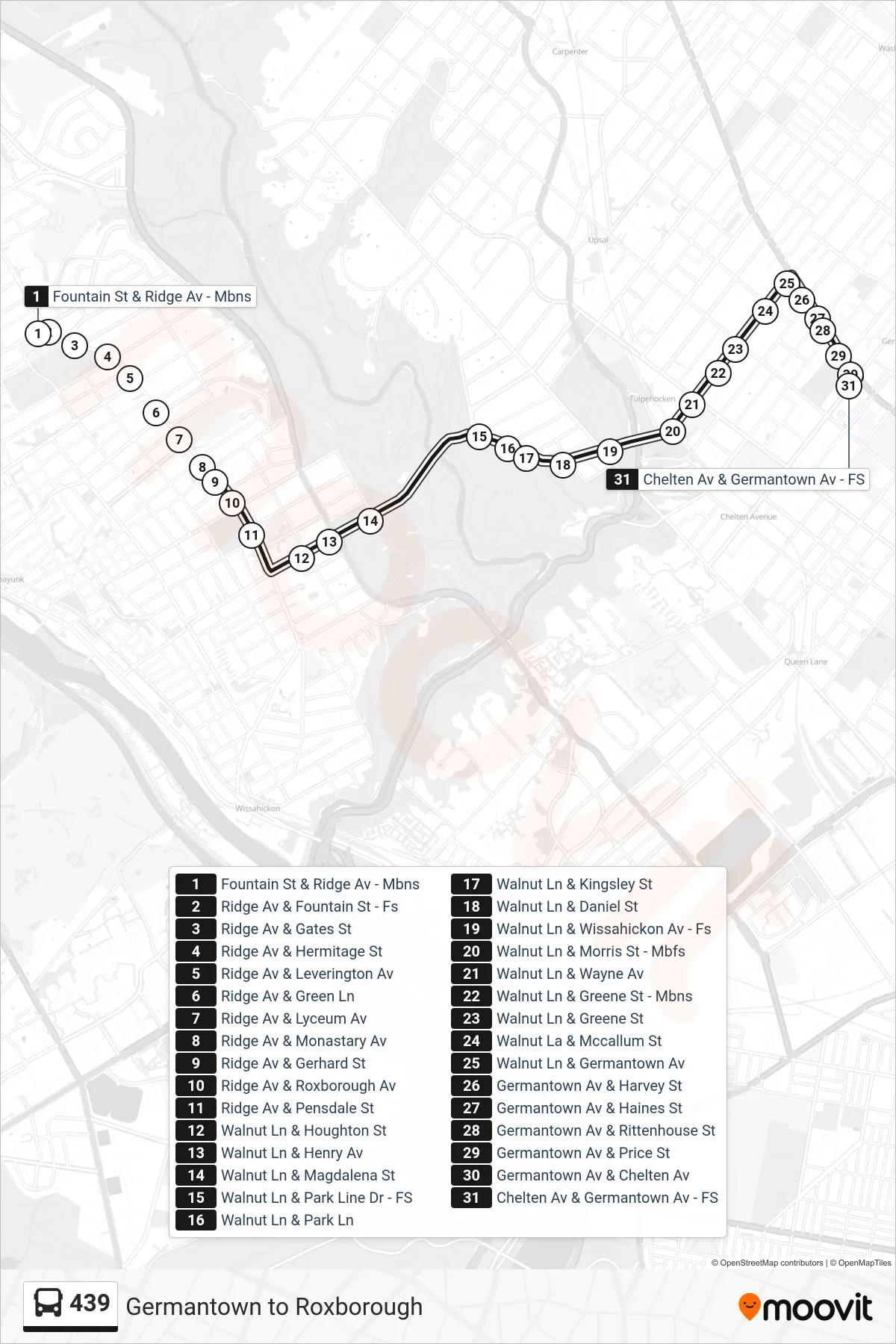 439 bus Line (439: Germantown-Chelten) route and stops on a map