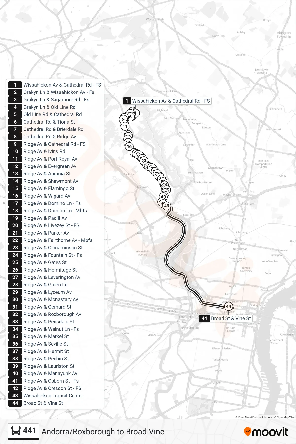 441 bus Line (441: 19th-Vine) route and stops on a map