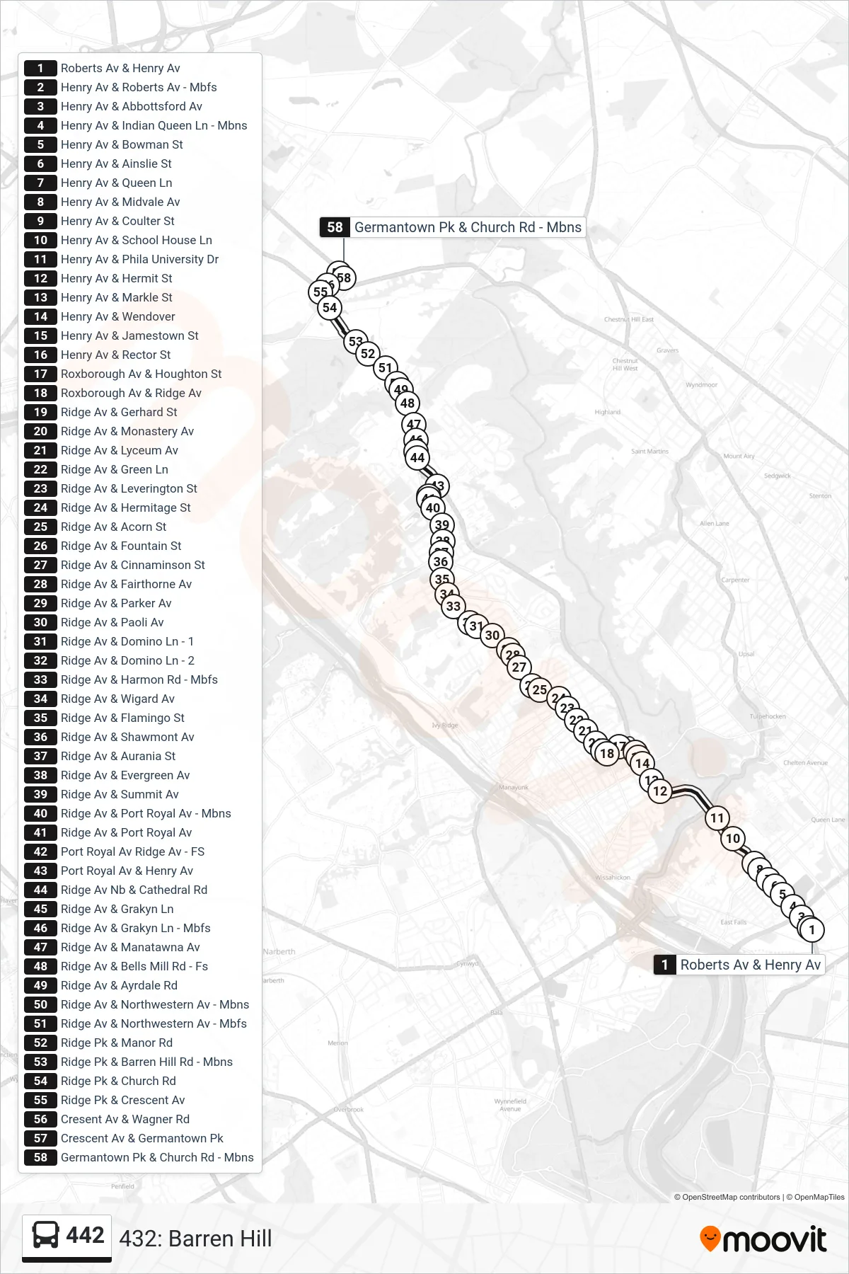 442 bus Line (432: Barren Hill) route and stops on a map