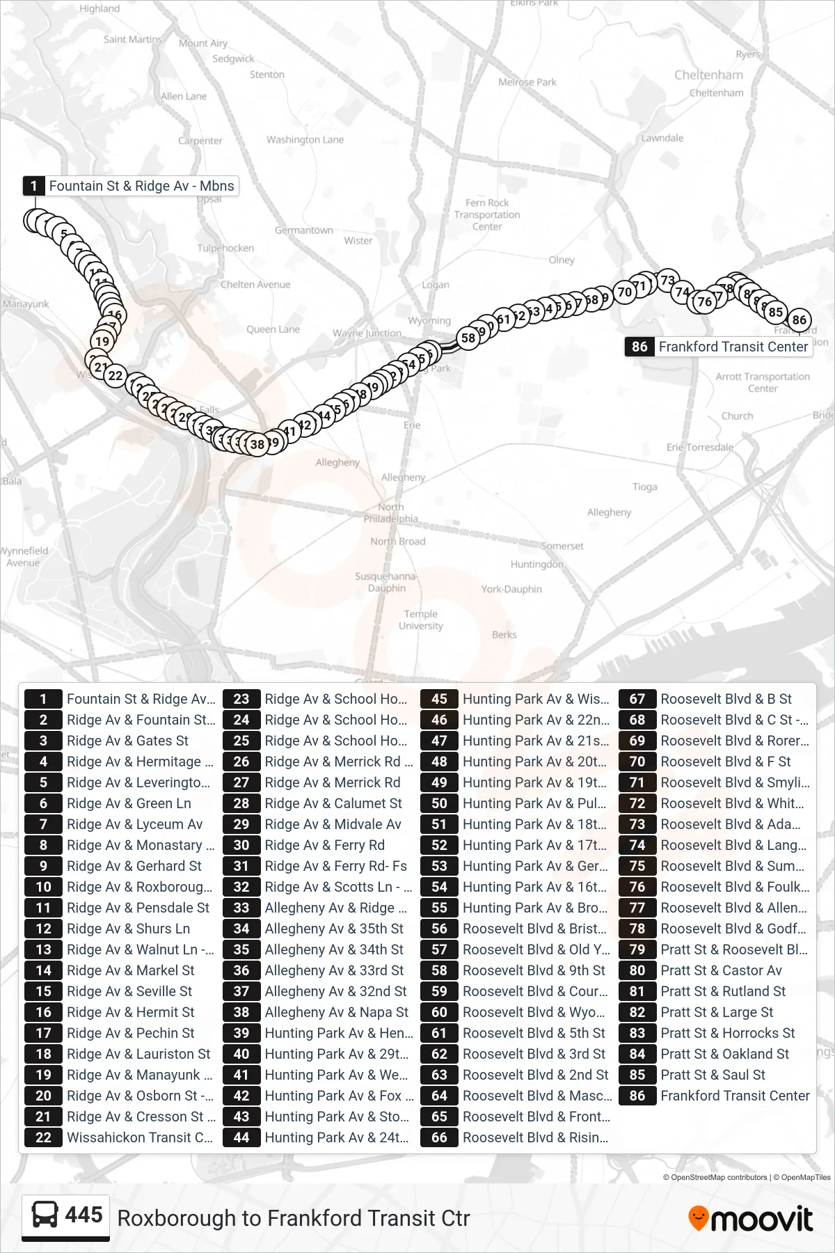445 bus Line (445: Frankford Transit Center) route and stops on a map
