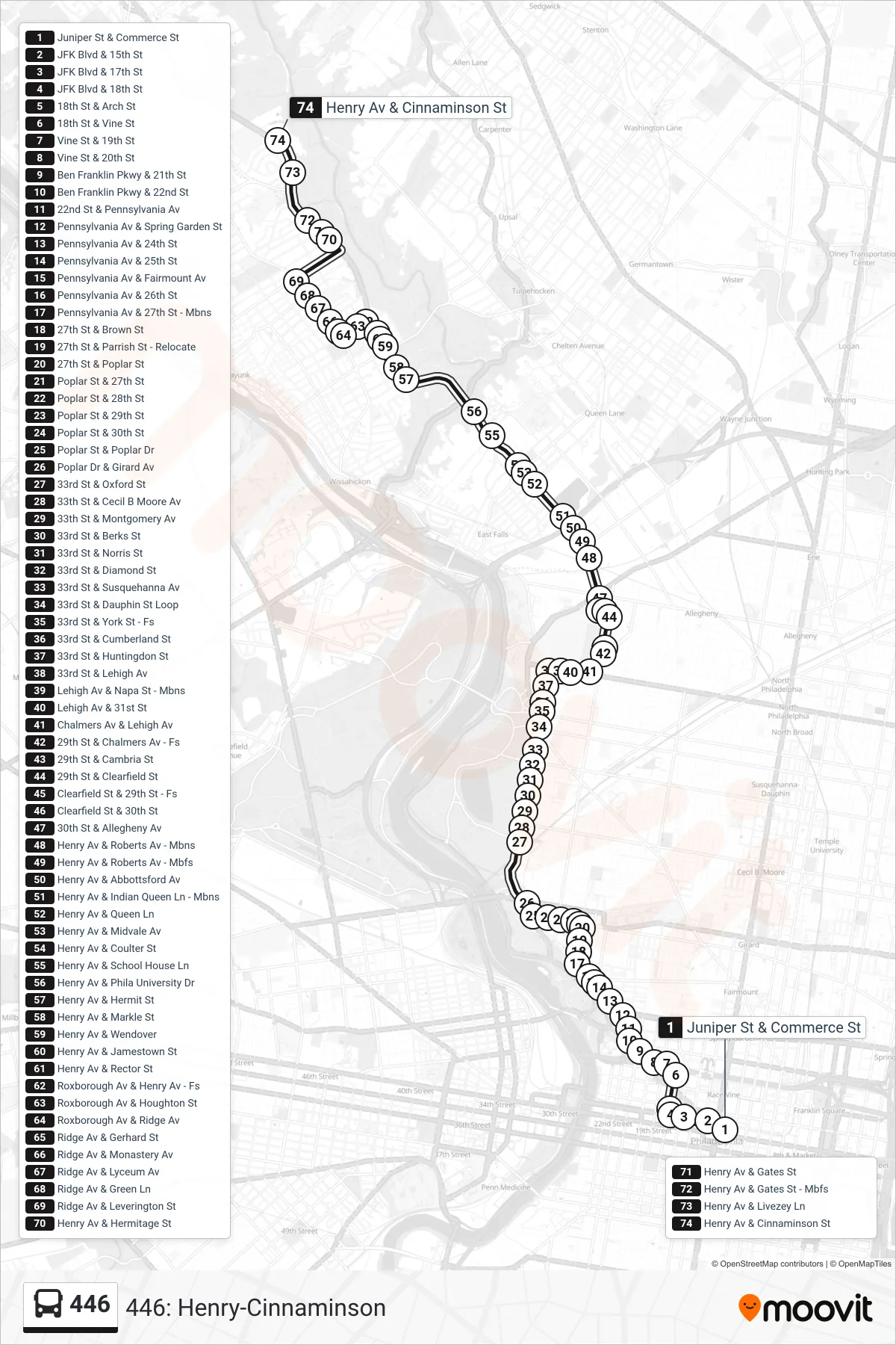 446 bus Line (446: Henry-Cinnaminson) route and stops on a map