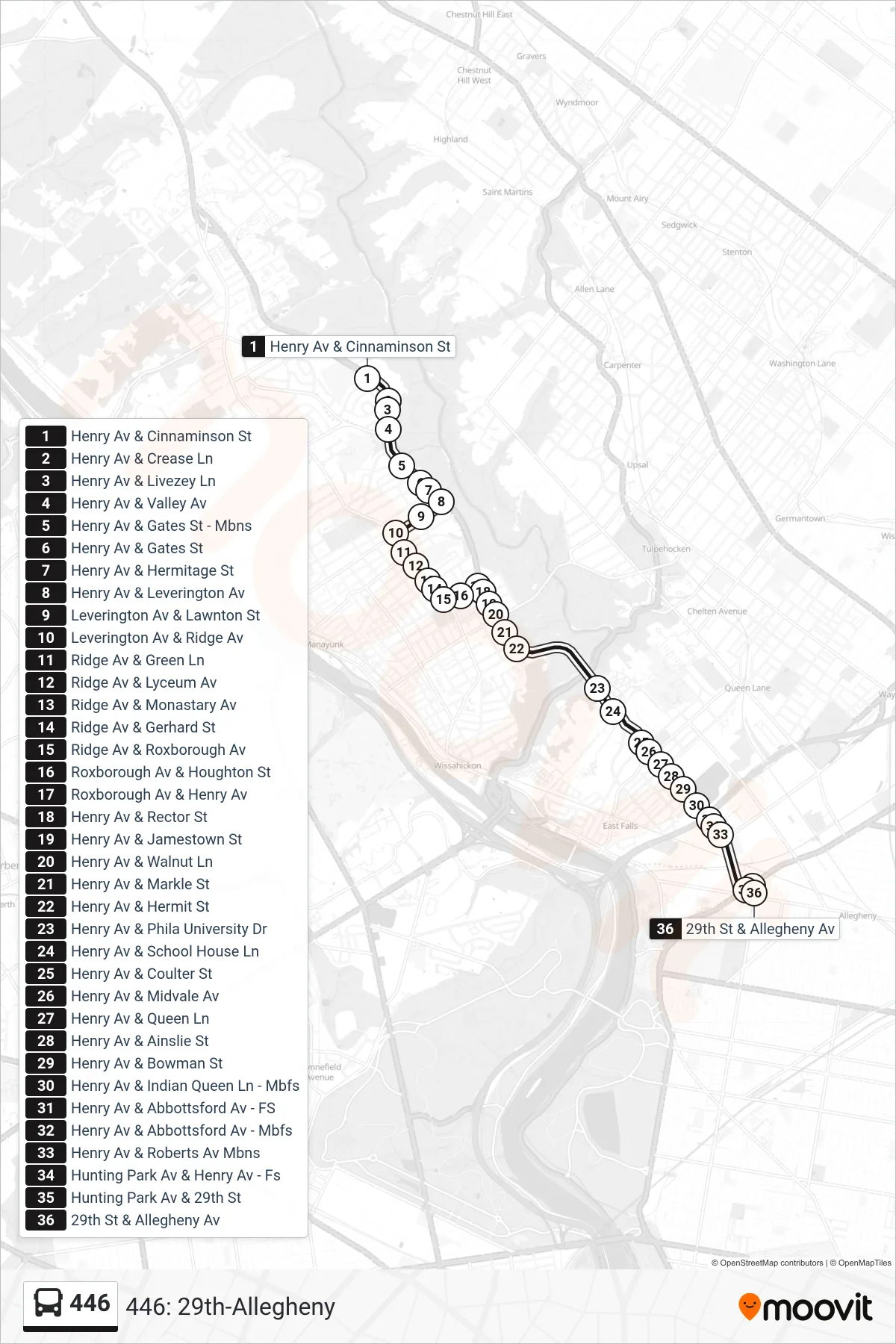 446 bus Line (446: 29th-Allegheny) route and stops on a map
