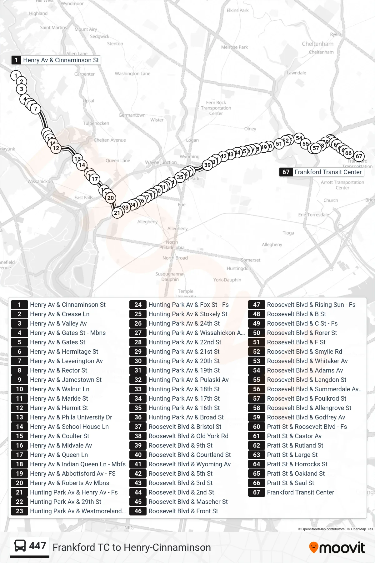 447 bus Line (447: Frankford Transit Center) route and stops on a map