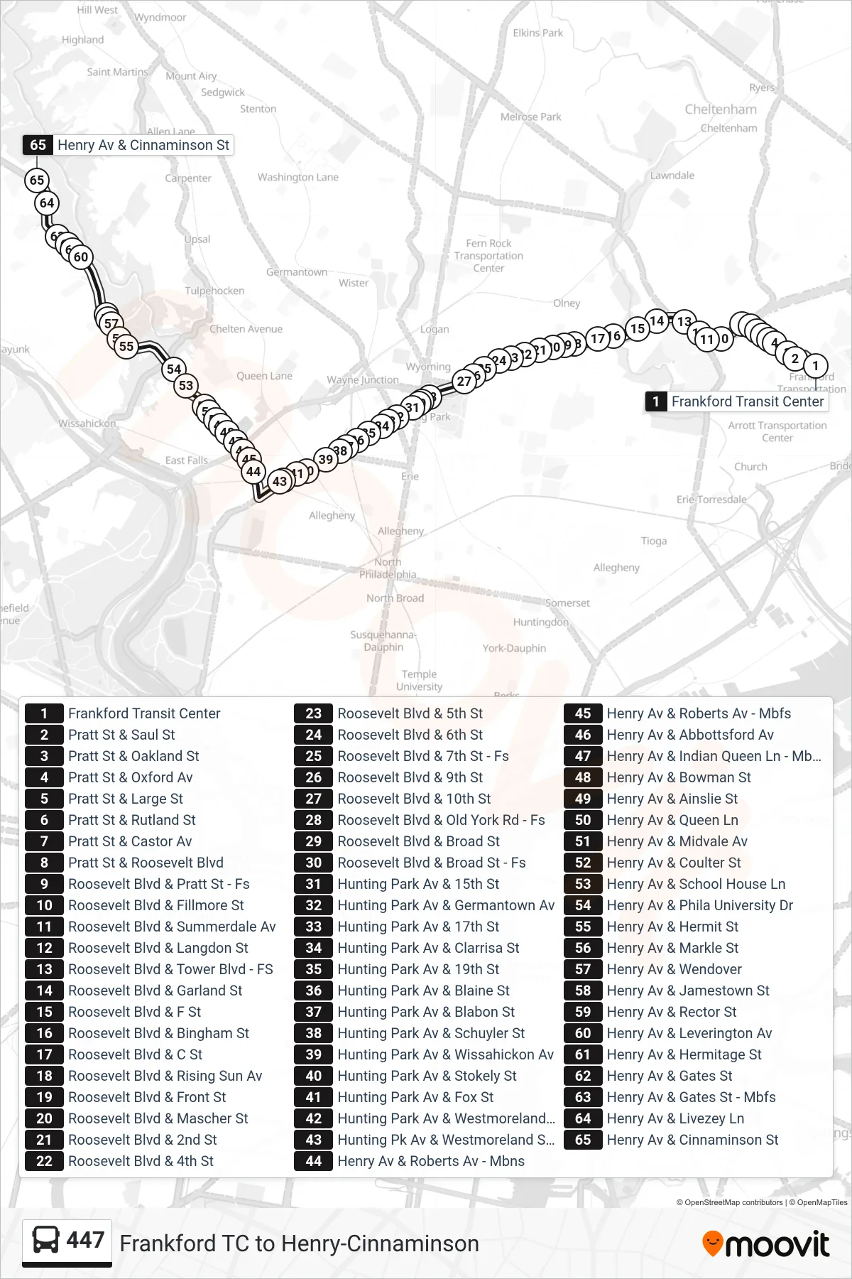 447 bus Line (447: Henry-Cinnaminson) route and stops on a map