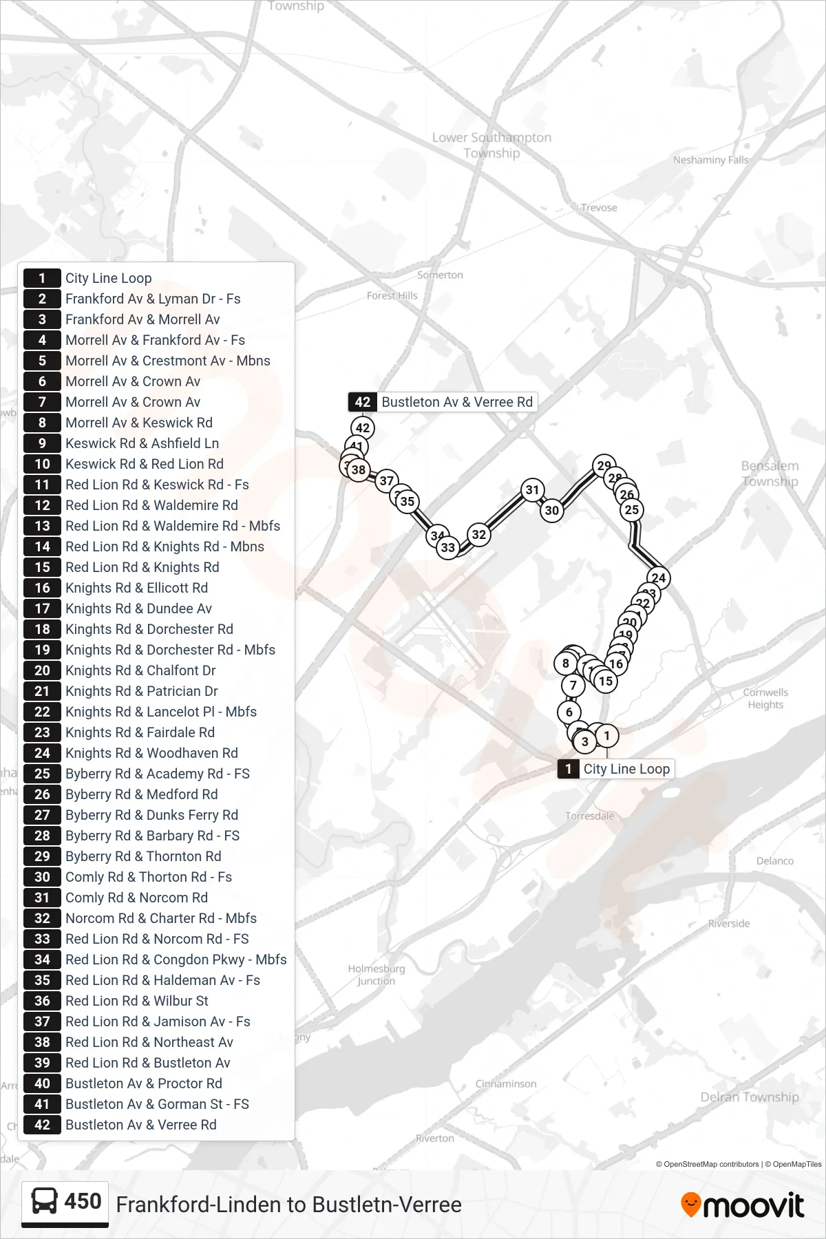 450 bus Line (450: Bustleton-Verree) route and stops on a map