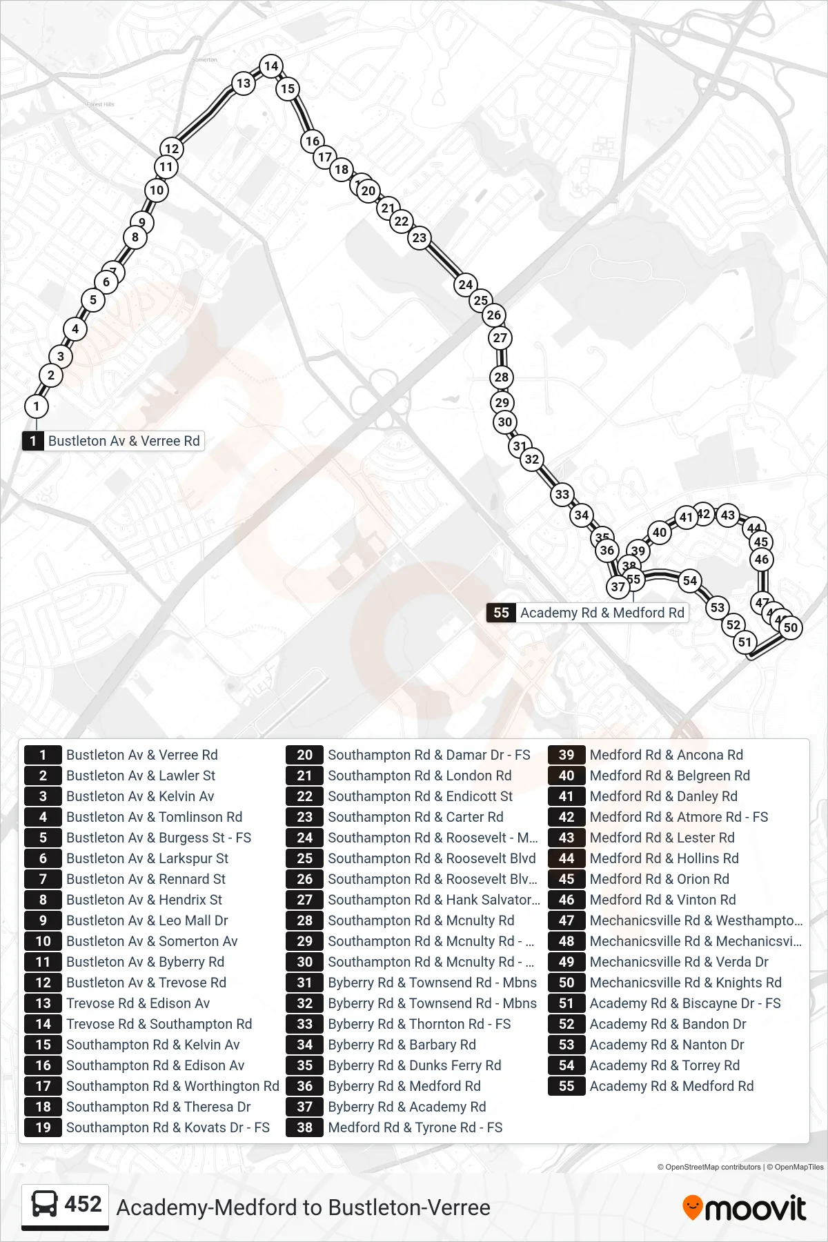 452 bus Line (452: Academy-Torrey) route and stops on a map