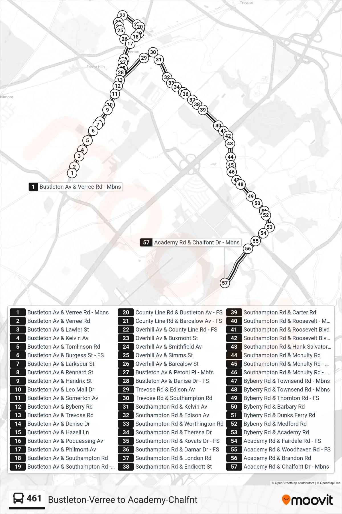 461 bus Line (461: Academy-Chalfont) route and stops on a map