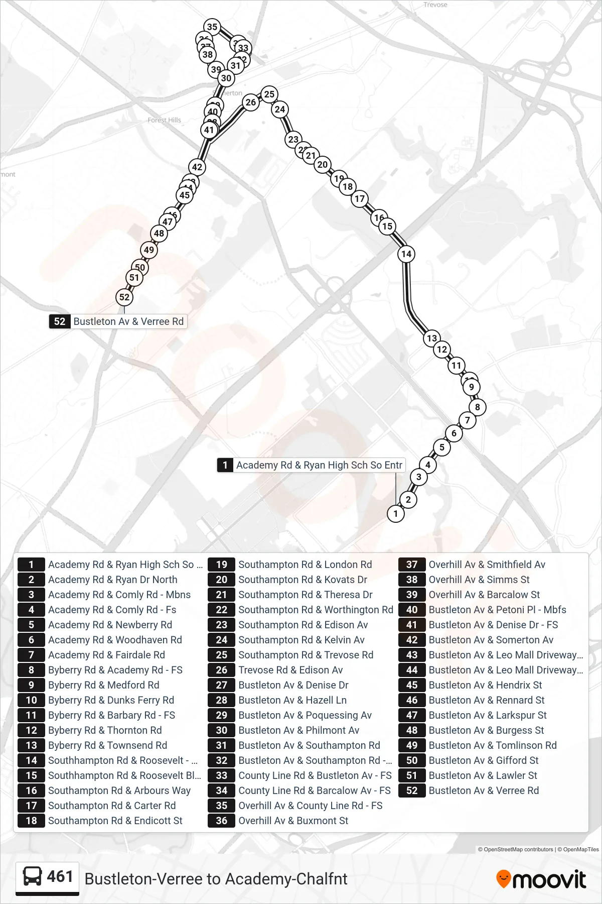 461 bus Line (461: Bustleton-Verree) route and stops on a map