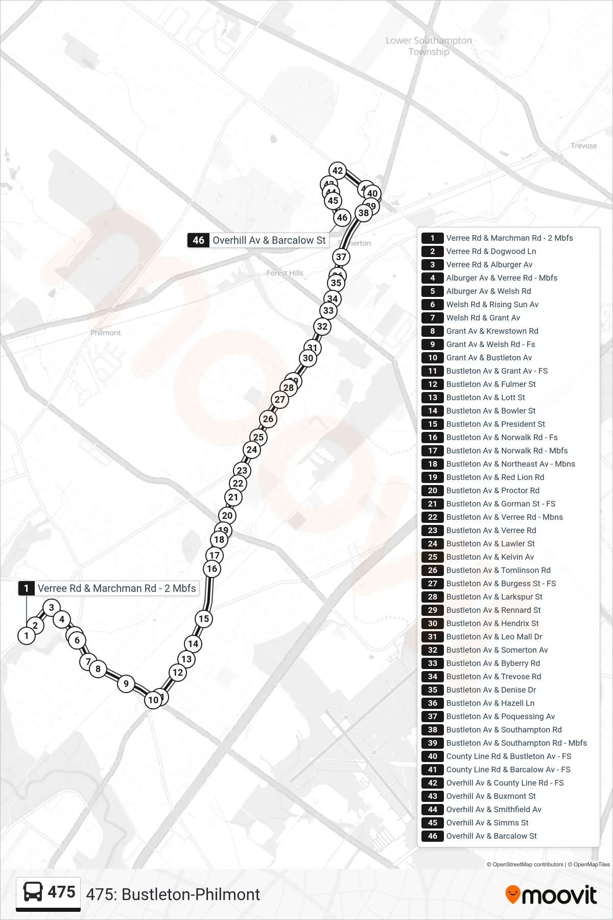 475 bus Line (475: Bustleton-Philmont) route and stops on a map