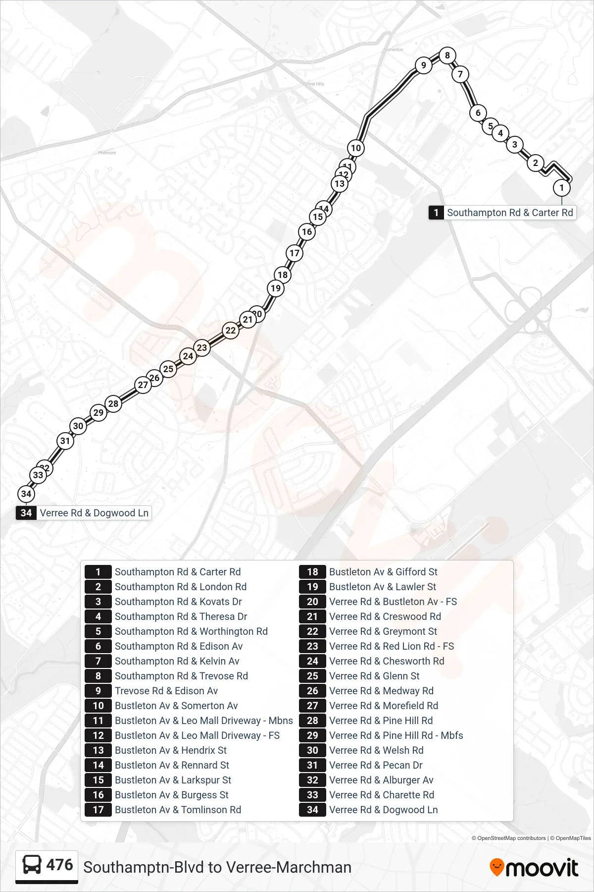 476 bus Line (476 Verree-Marchman) route and stops on a map