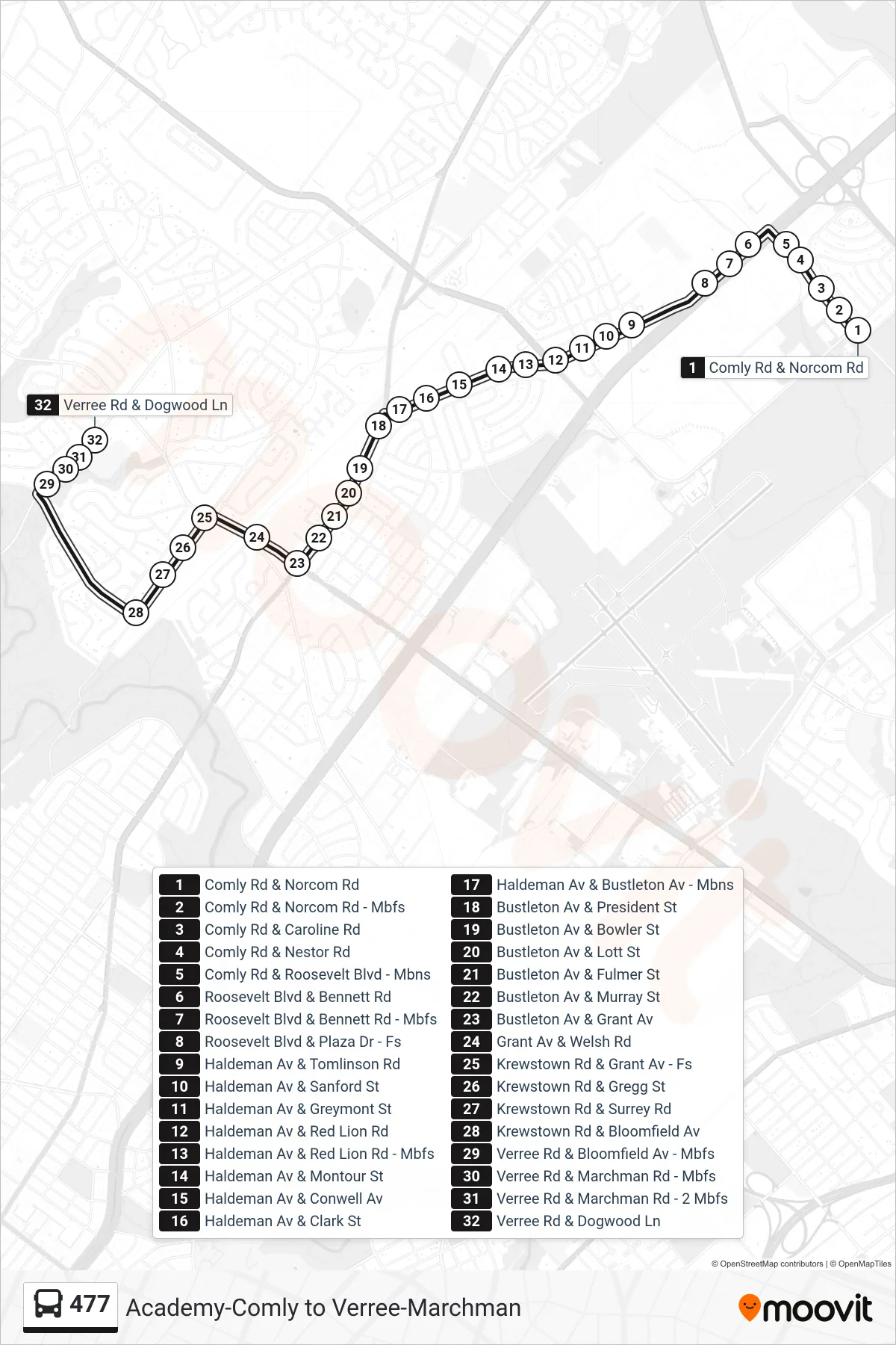 477 bus Line (477: Verree-Marchman) route and stops on a map