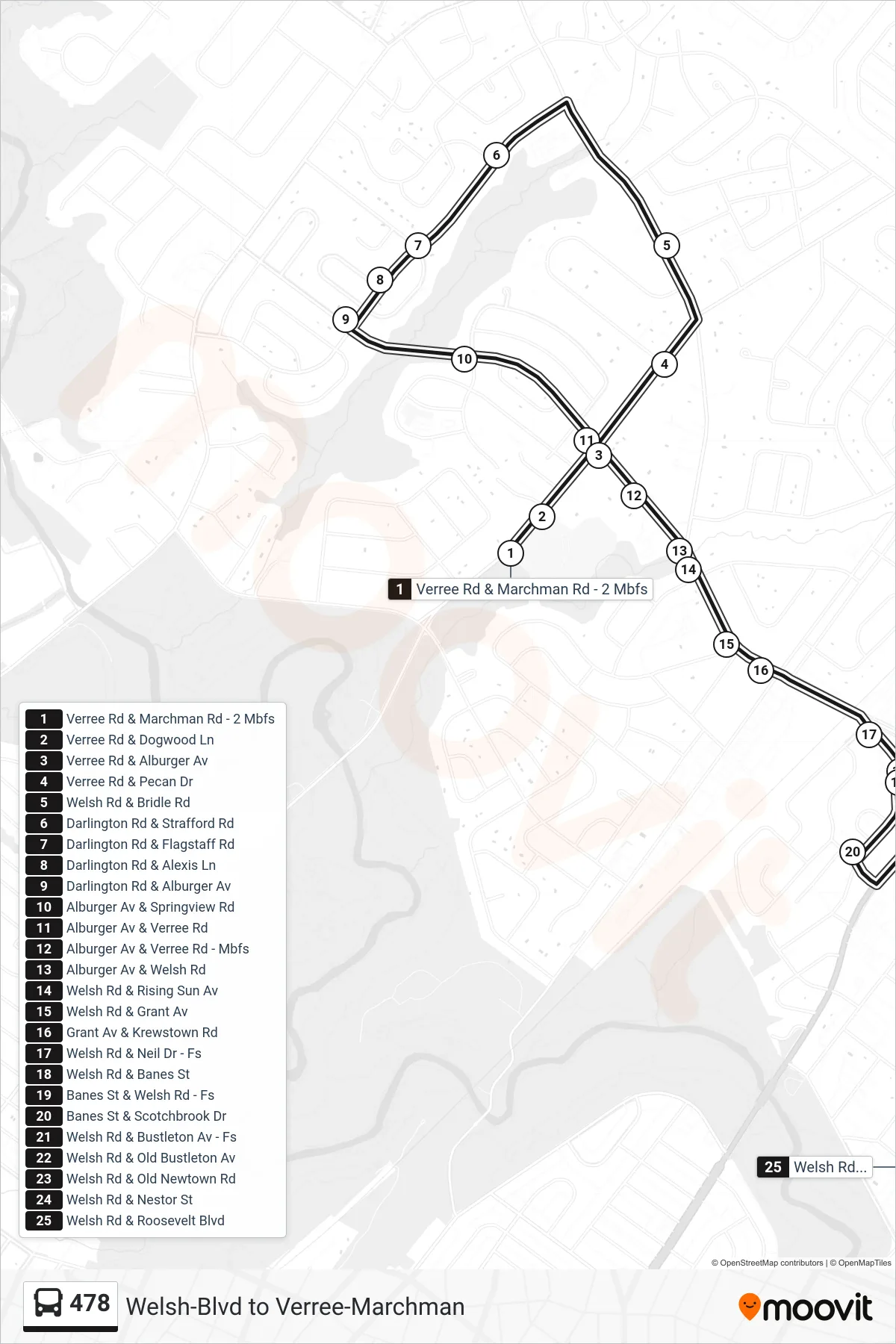 478 bus Line (478: Roosevelt-Welsh) route and stops on a map