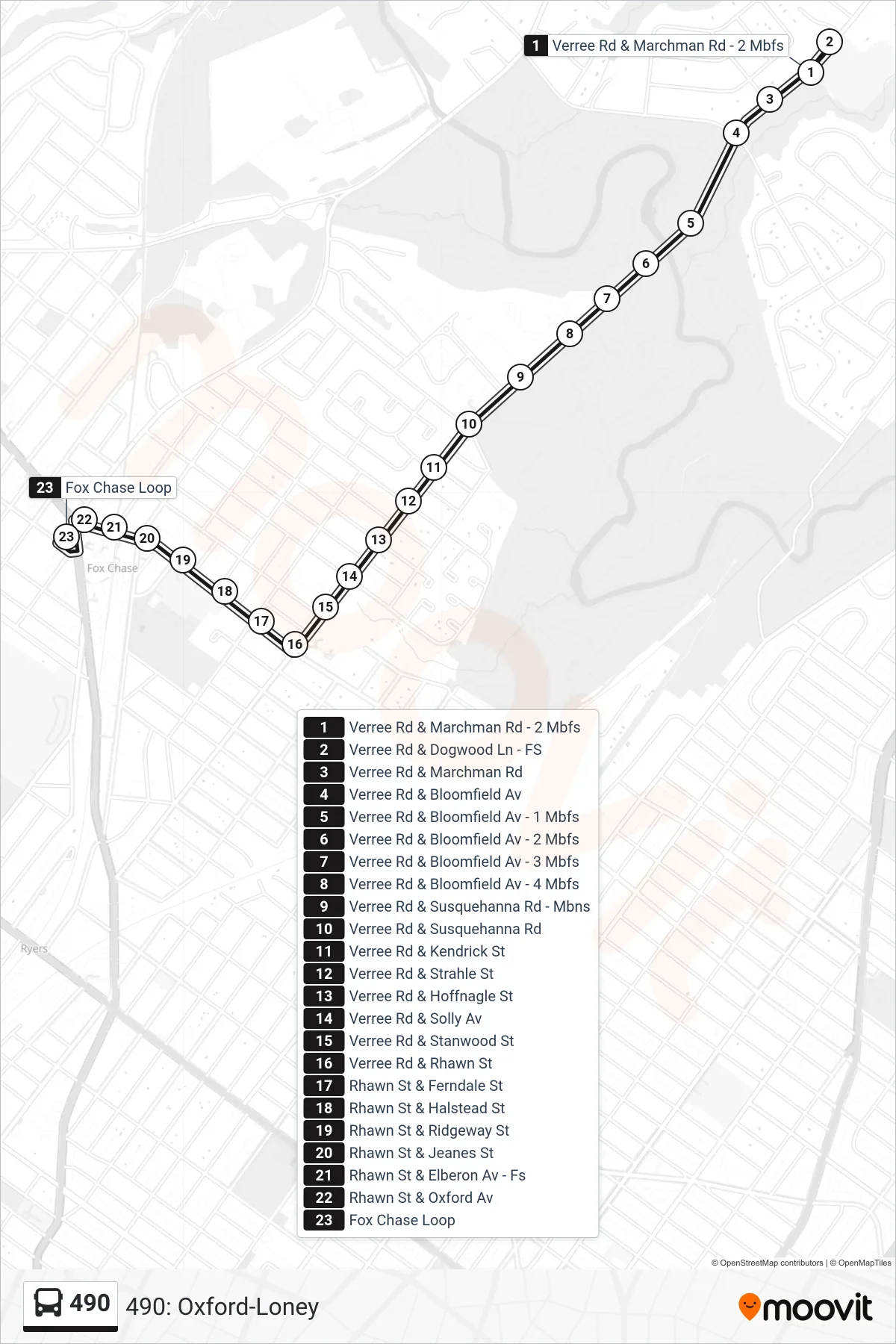 490 bus Line (490: Oxford-Loney) route and stops on a map
