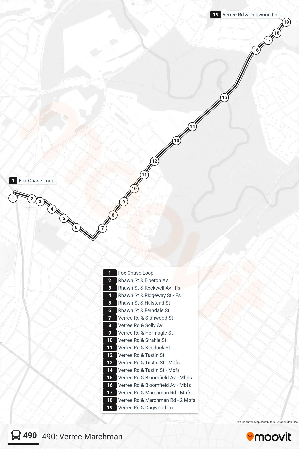 490 bus Line (490: Verree-Marchman) route and stops on a map