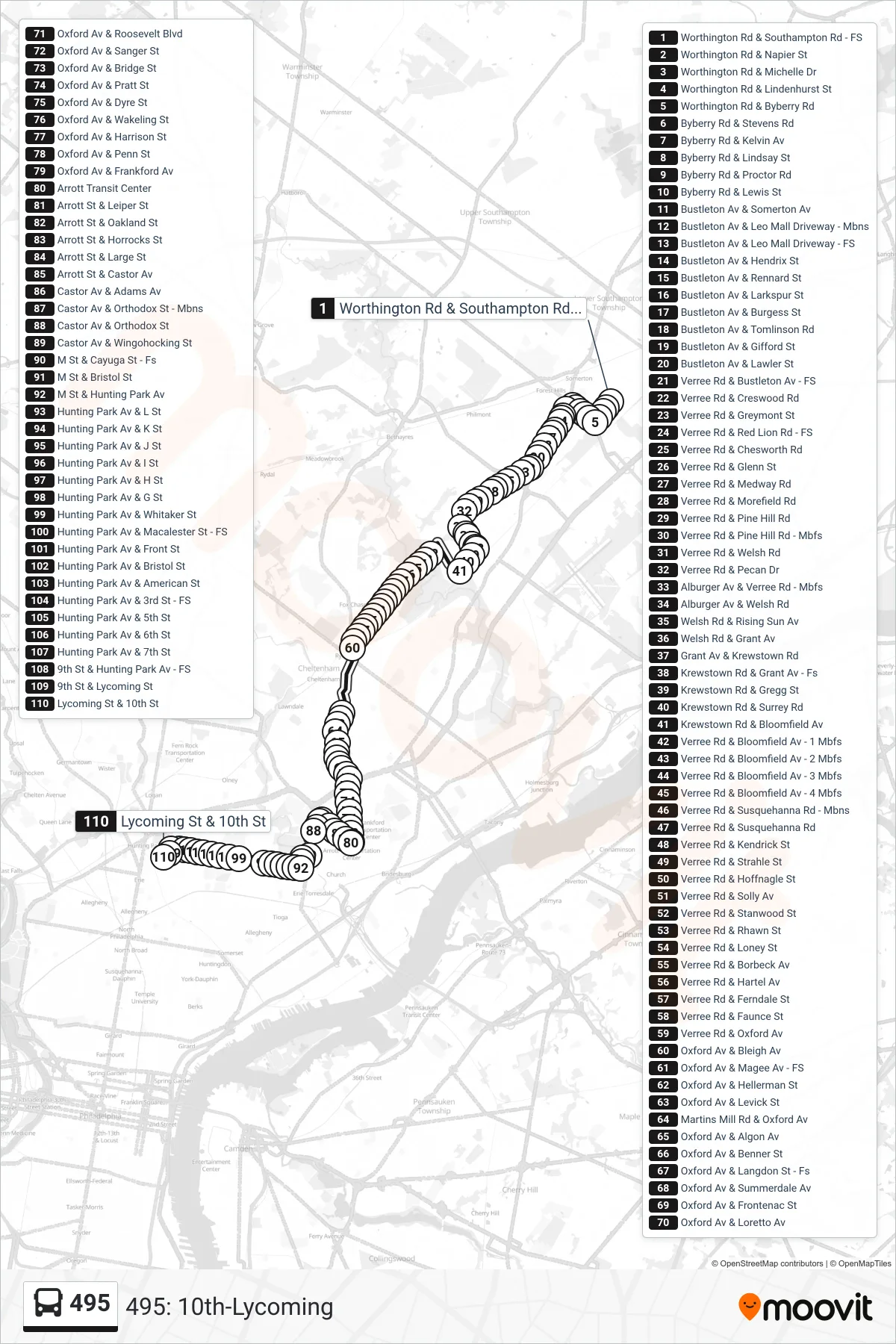 495 bus Line (495: 10th-Lycoming) route and stops on a map