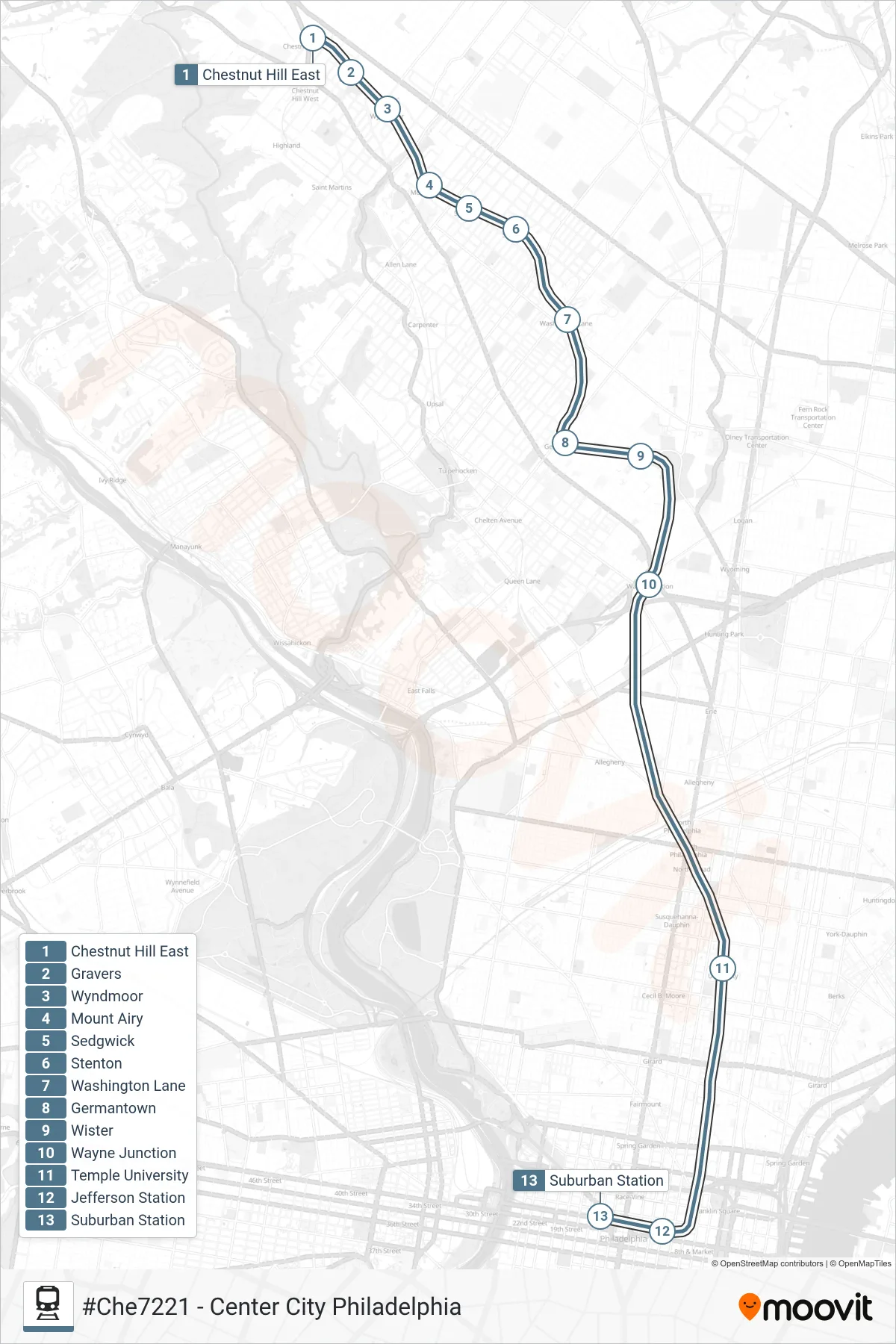 CHE train Line (#Che7221 - Center City Philadelphia) route and stops on a map