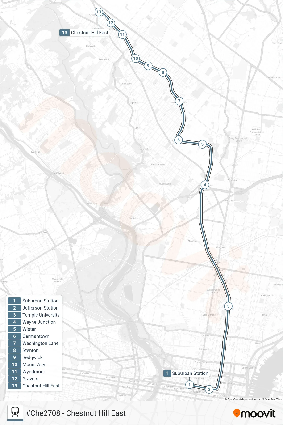 CHE train Line (#Che2708 - Chestnut Hill East) route and stops on a map
