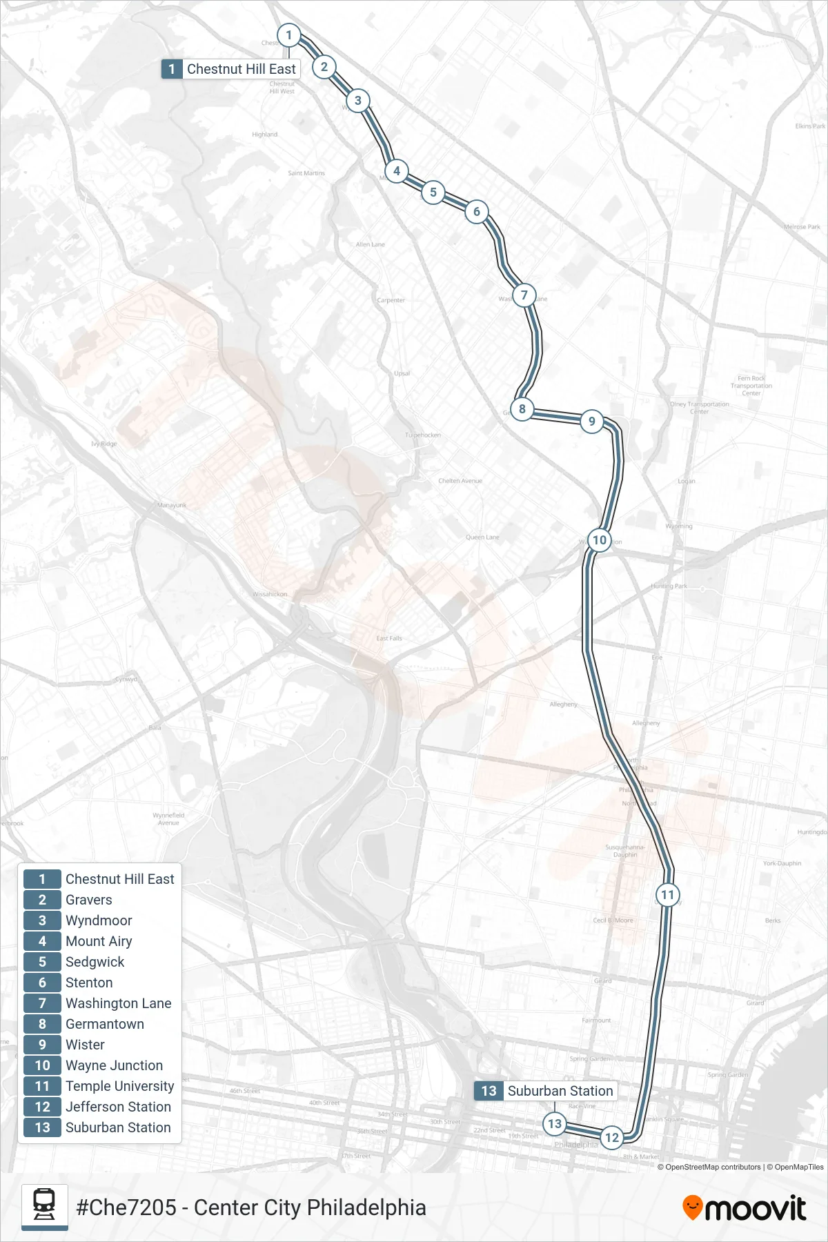 CHE train Line (#Che7205 - Center City Philadelphia) route and stops on a map