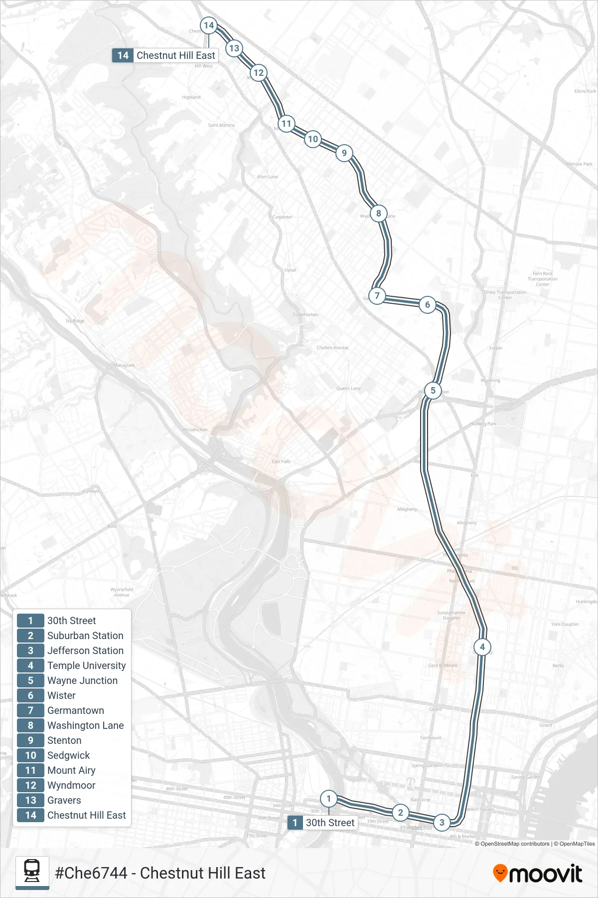 CHE train Line (#Che6744 - Chestnut Hill East) route and stops on a map