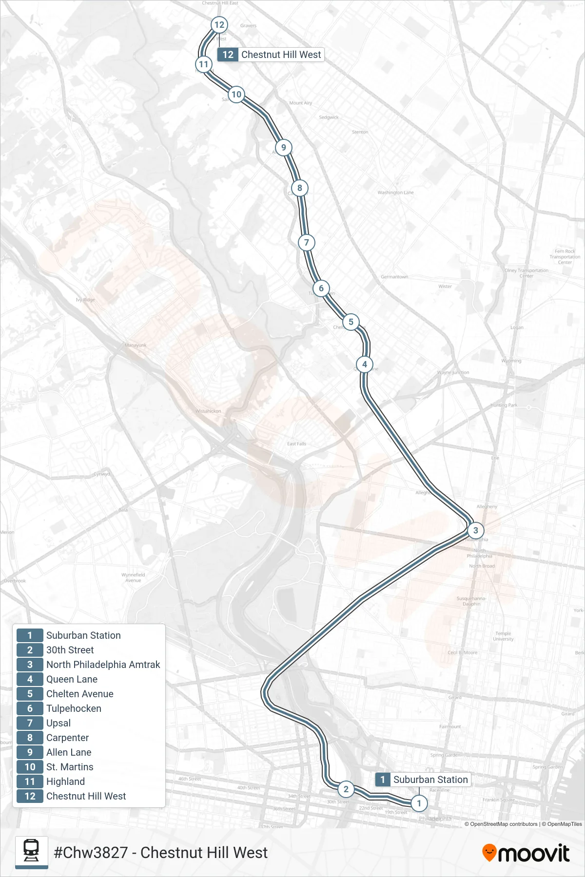 CHW train Line (#Chw3827 - Chestnut Hill West) route and stops on a map